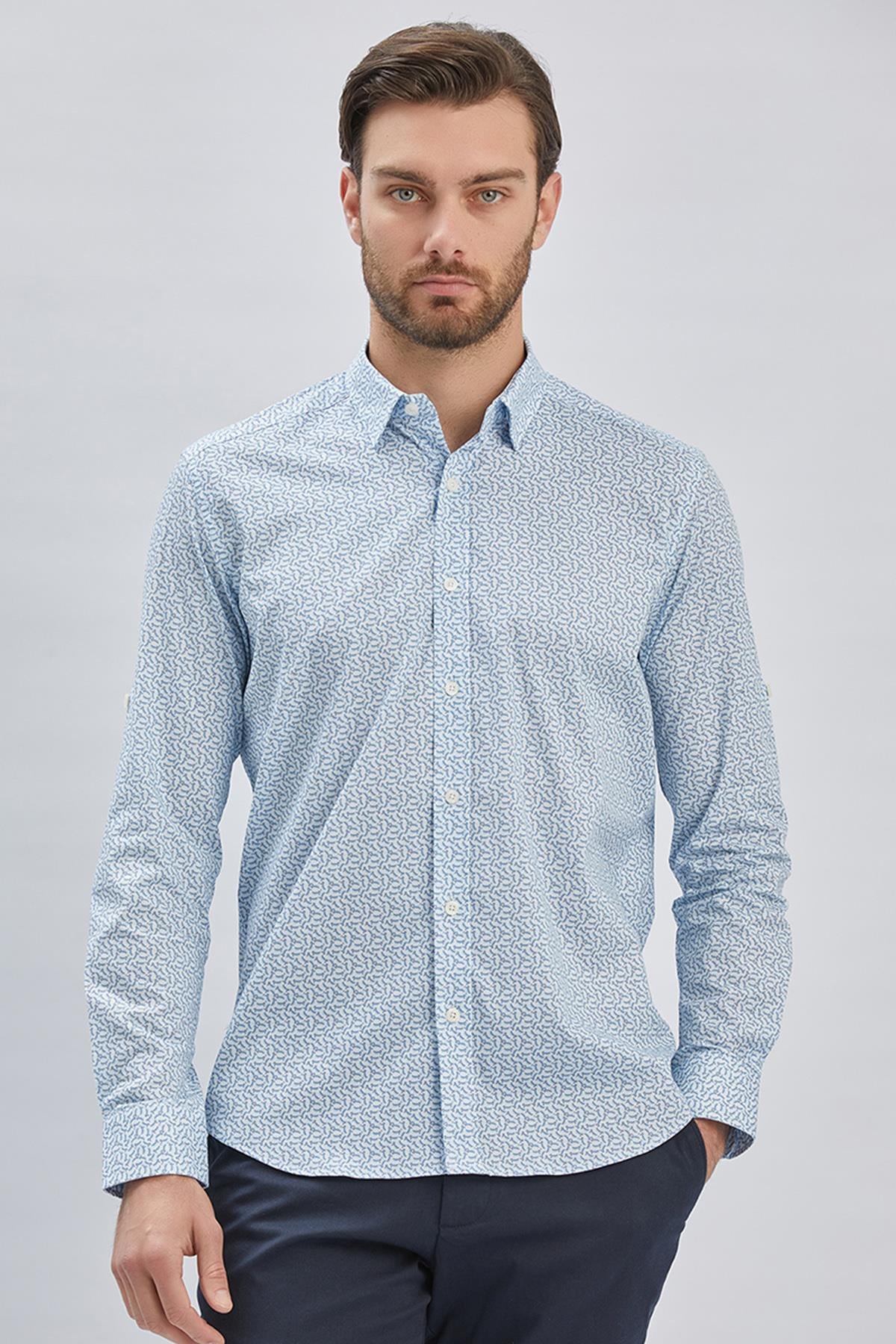 Kısalabilir Kol Baskılı Düğmeli Yaka Cepsiz Klasik Slim Fit Gömlek 1004240116