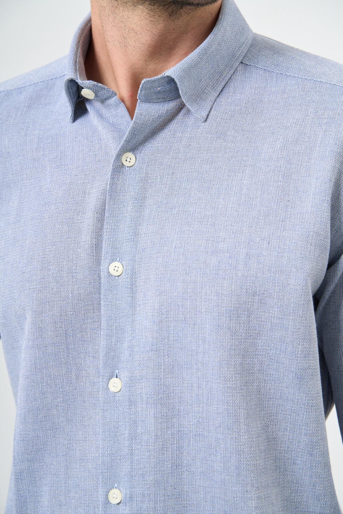 Mavi Kısalabilir Kollu Armürlü Biritli Yaka Pamuklu Casual Slim Fit Gömlek 1004240202
