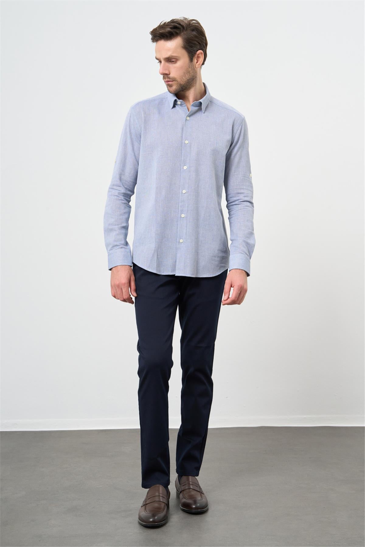 Mavi Kısalabilir Kollu Armürlü Biritli Yaka Pamuklu Casual Slim Fit Gömlek 1004240202