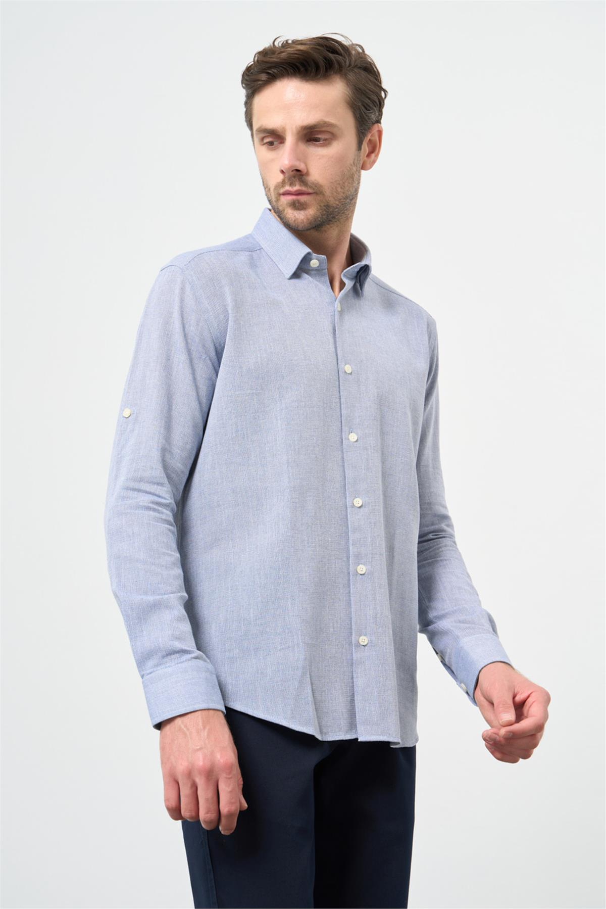 Mavi Kısalabilir Kollu Armürlü Biritli Yaka Pamuklu Casual Slim Fit Gömlek 1004240202