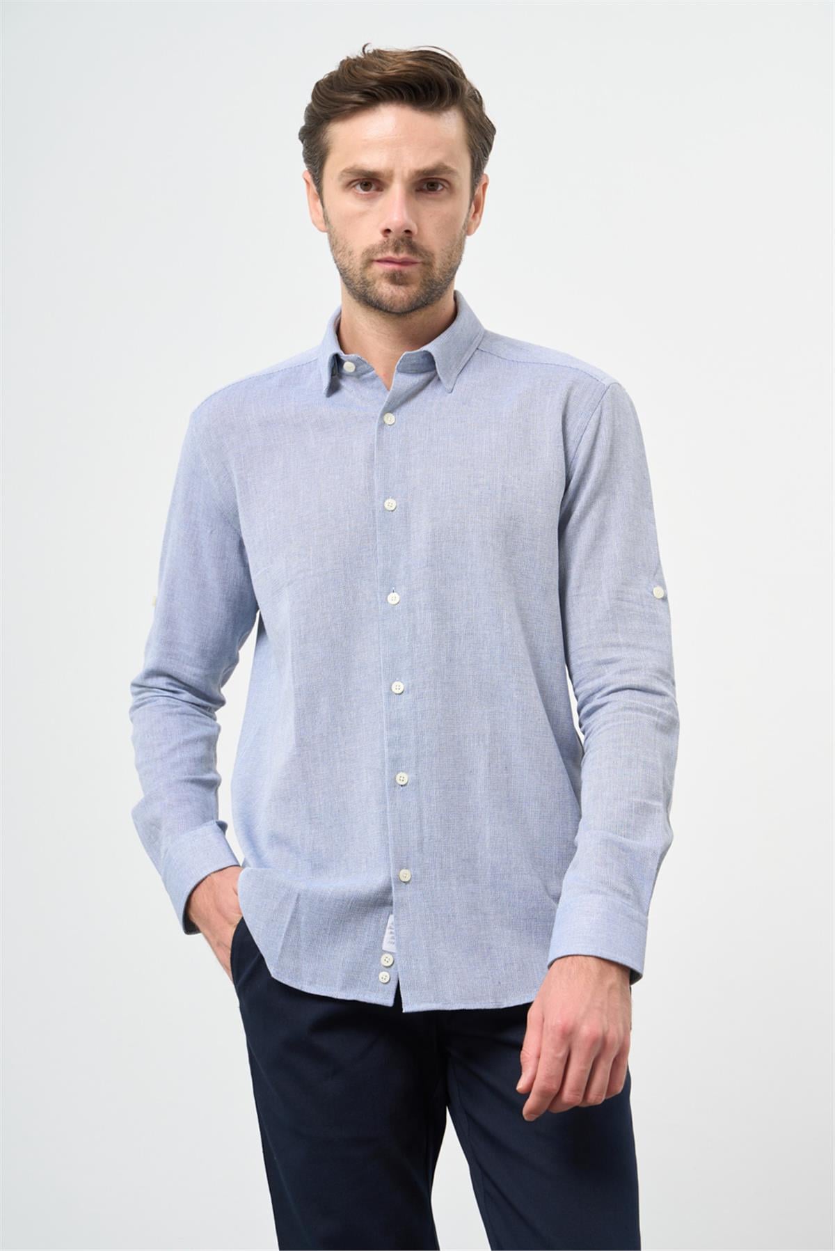 Mavi Kısalabilir Kollu Armürlü Biritli Yaka Pamuklu Casual Slim Fit Gömlek 1004240202