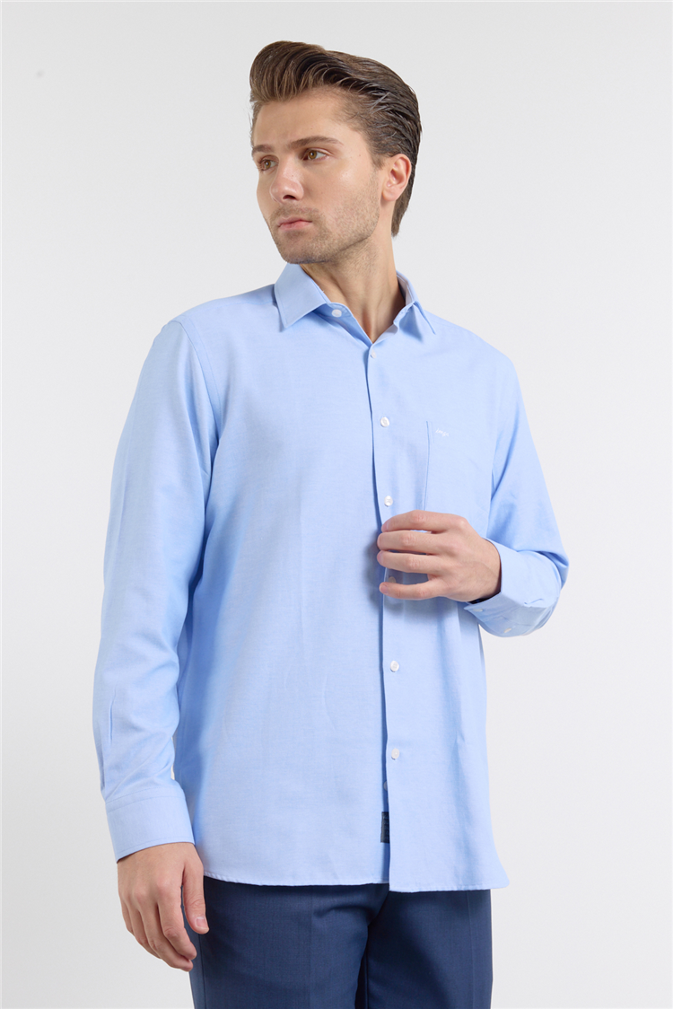 Mavi Sert Yaka Uzun Kol Cepli Comfort Fit Pamuklu Gömlek 1004255285