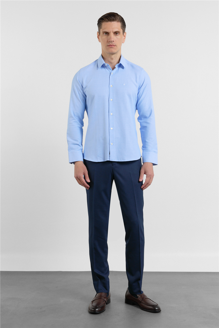 Mavi Sert Yaka Uzun Kol Cepsiz Slim Fit Pamuklu Gömlek 1004255284