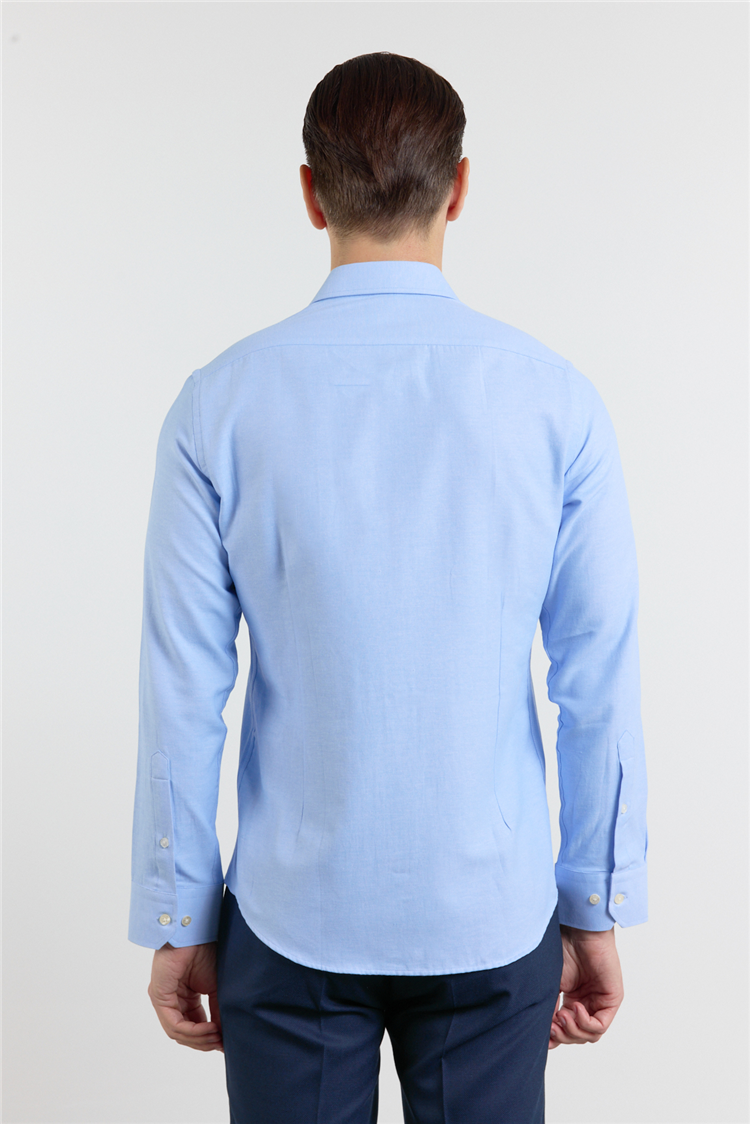 Mavi Sert Yaka Uzun Kol Cepsiz Slim Fit Pamuklu Gömlek 1004255284