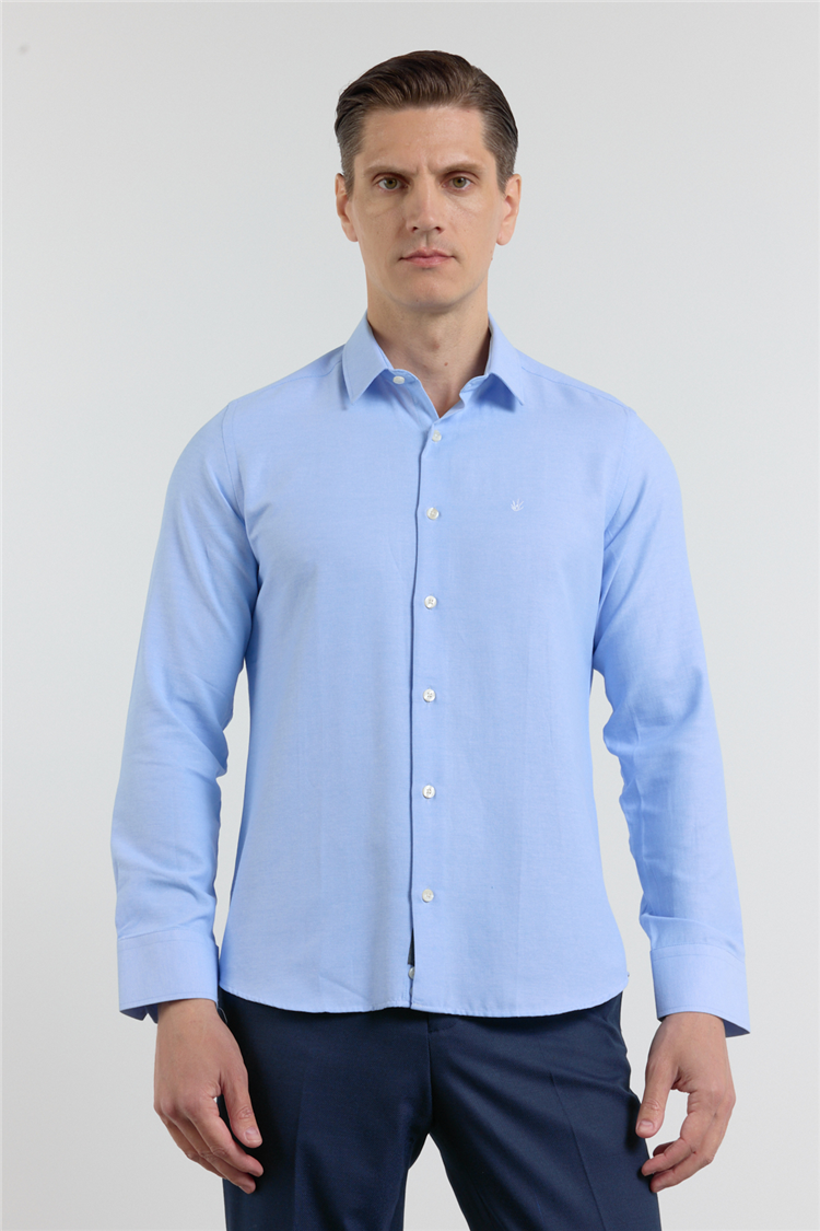 Mavi Sert Yaka Uzun Kol Cepsiz Slim Fit Pamuklu Gömlek 1004255284