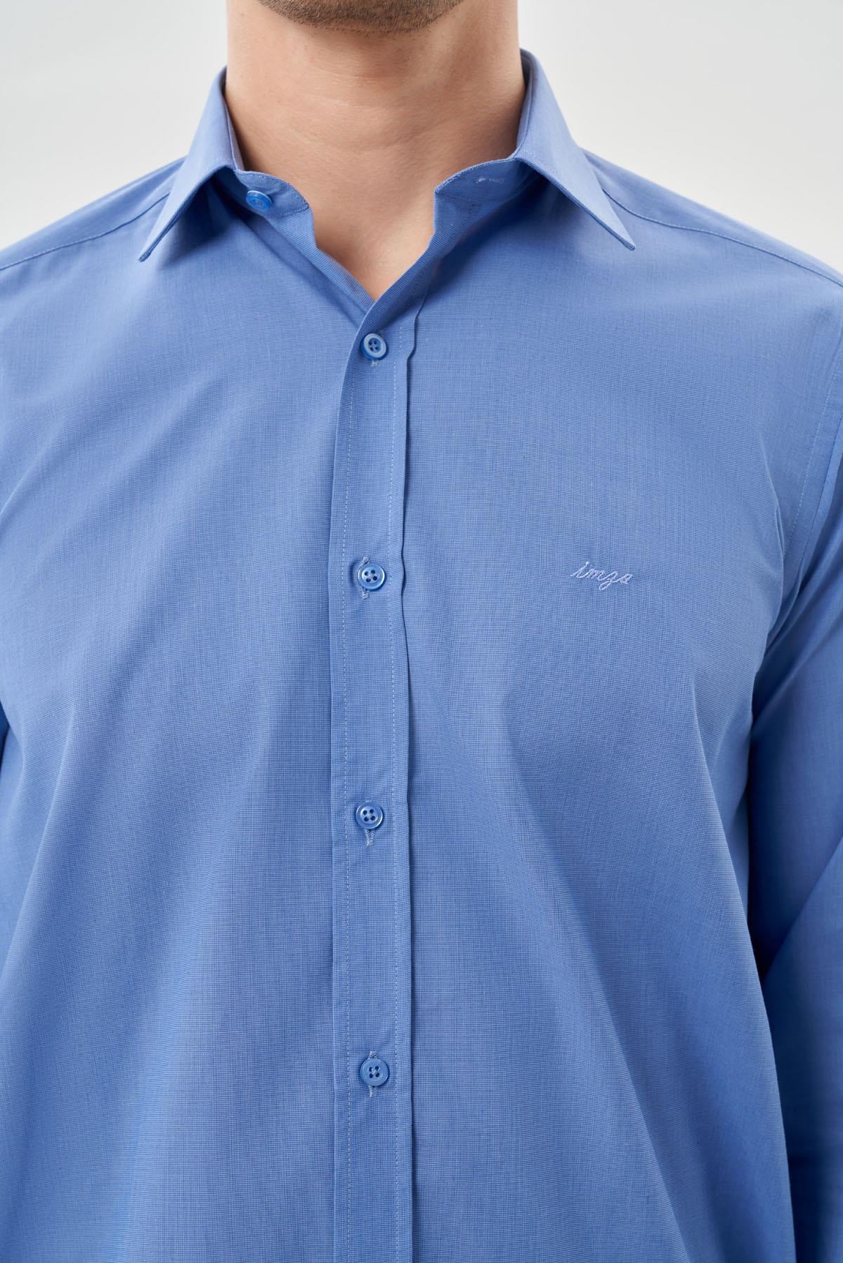 Mavi Uzun Kol Filafil Sert Yaka Slim Fit Dar Kesim Basic Gömlek 1004210008