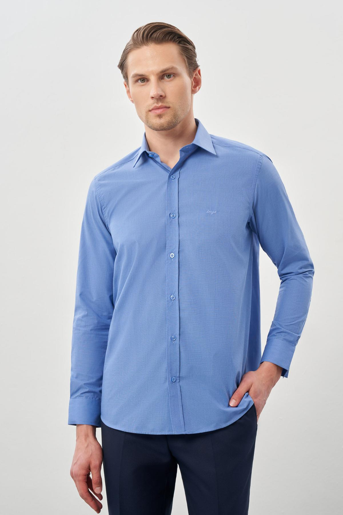 Mavi Uzun Kol Filafil Sert Yaka Slim Fit Dar Kesim Basic Gömlek 1004210008