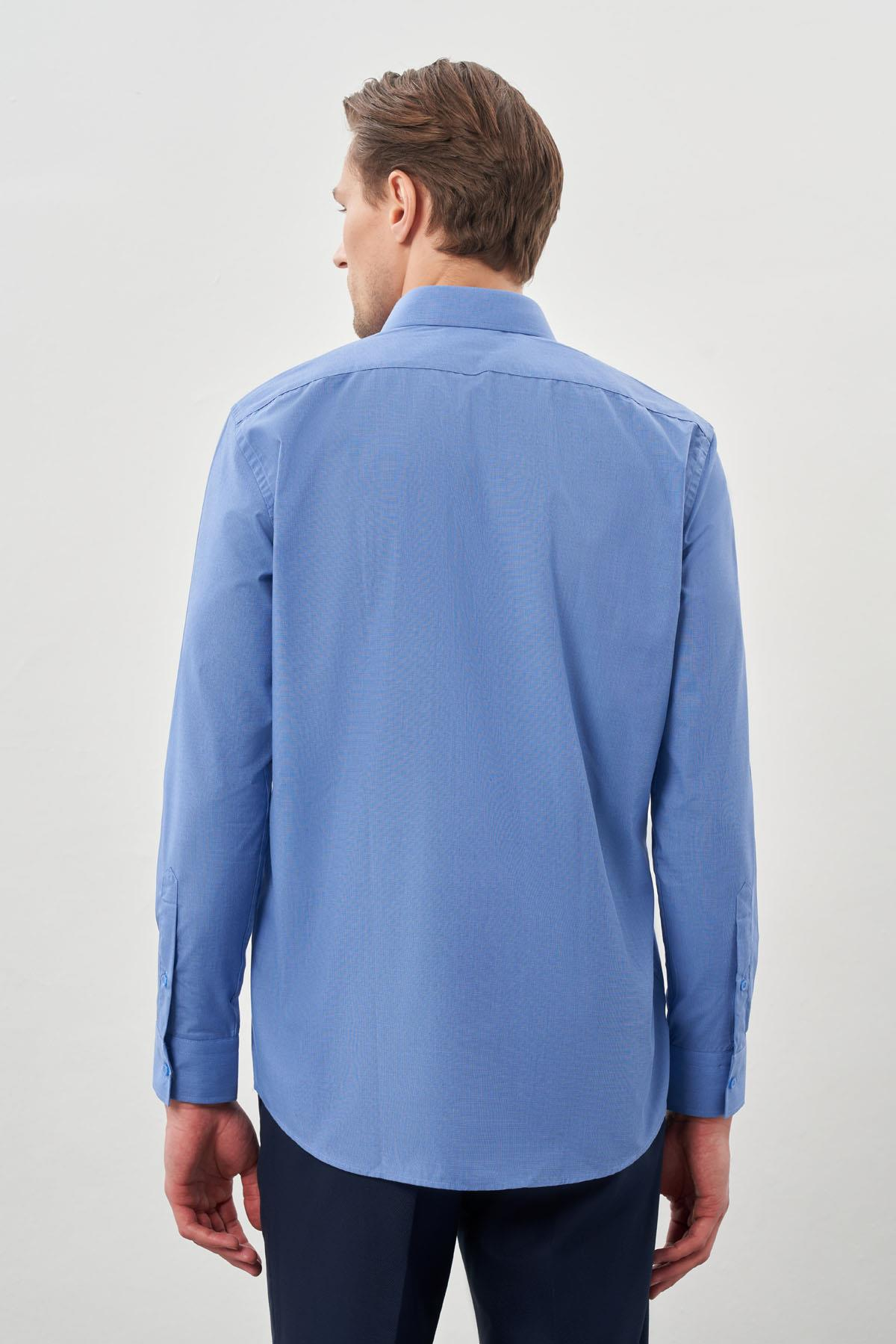 Mavi Uzun Kol Filafil Sert Yaka Slim Fit Dar Kesim Basic Gömlek 1004210008