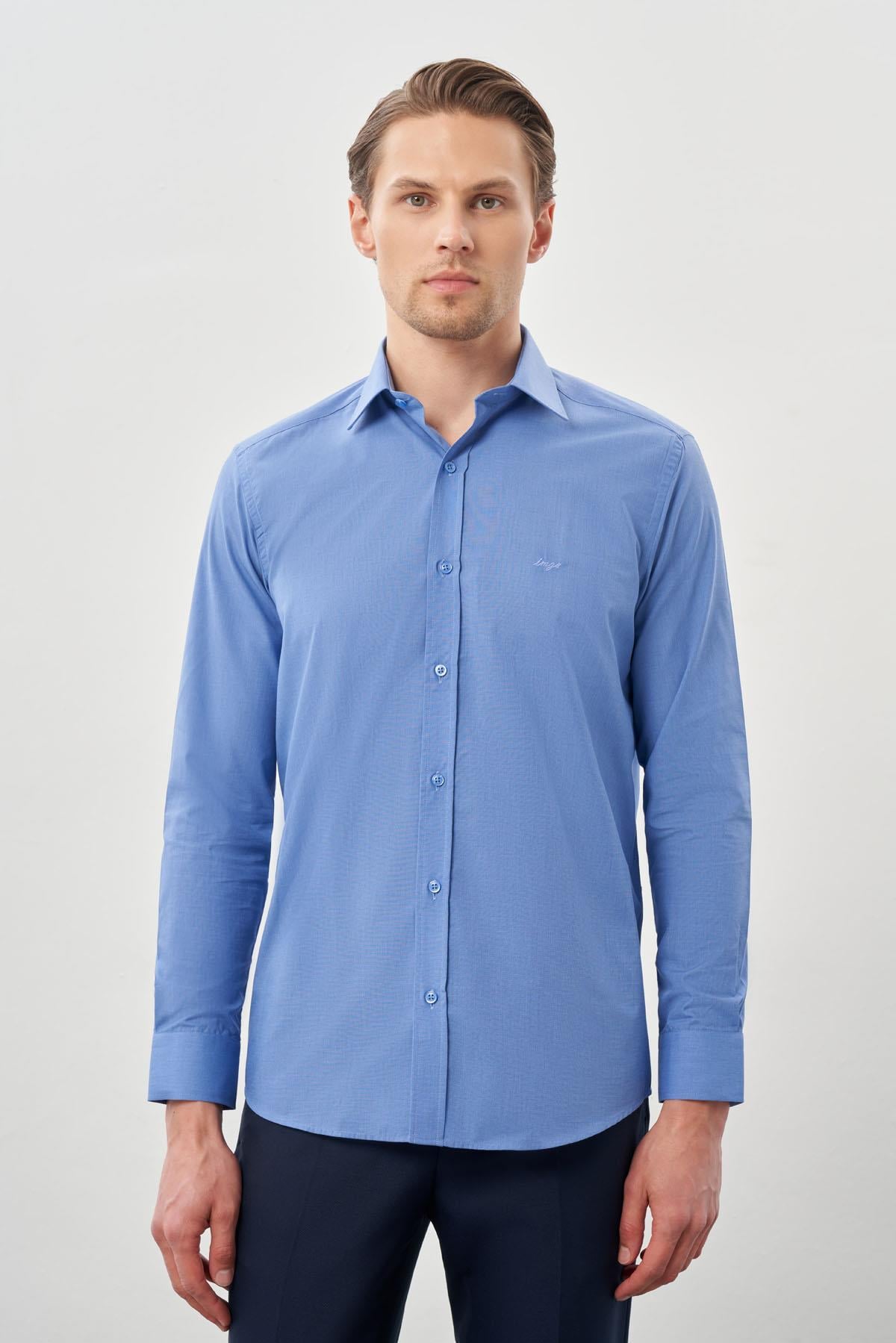 Mavi Uzun Kol Filafil Sert Yaka Slim Fit Dar Kesim Basic Gömlek 1004210008