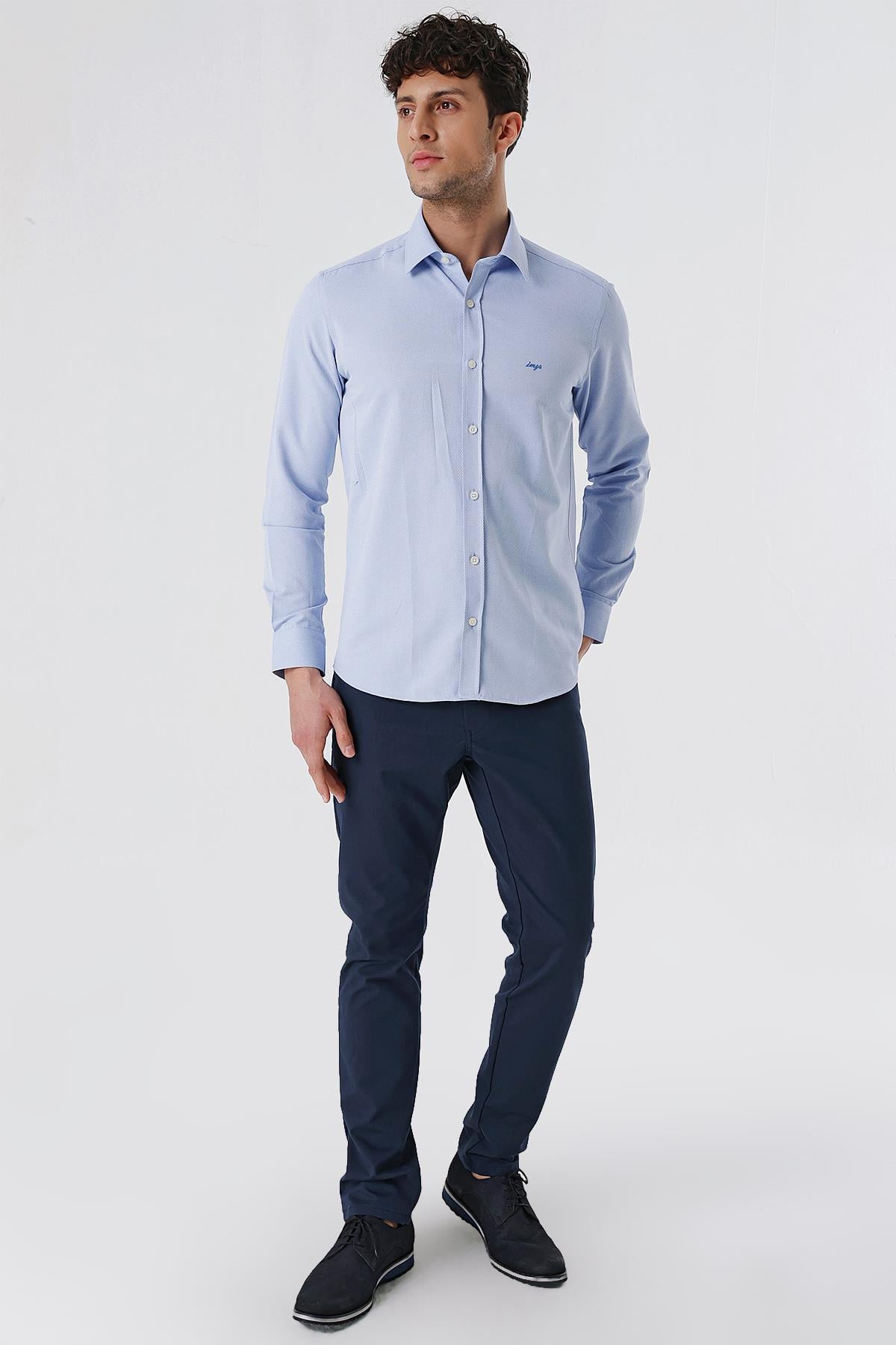 Mavi Uzun Kollu Armürlü Cepsiz Pamuklu Likralı Slim Fit Dar Kesim Gömlek 1004240193