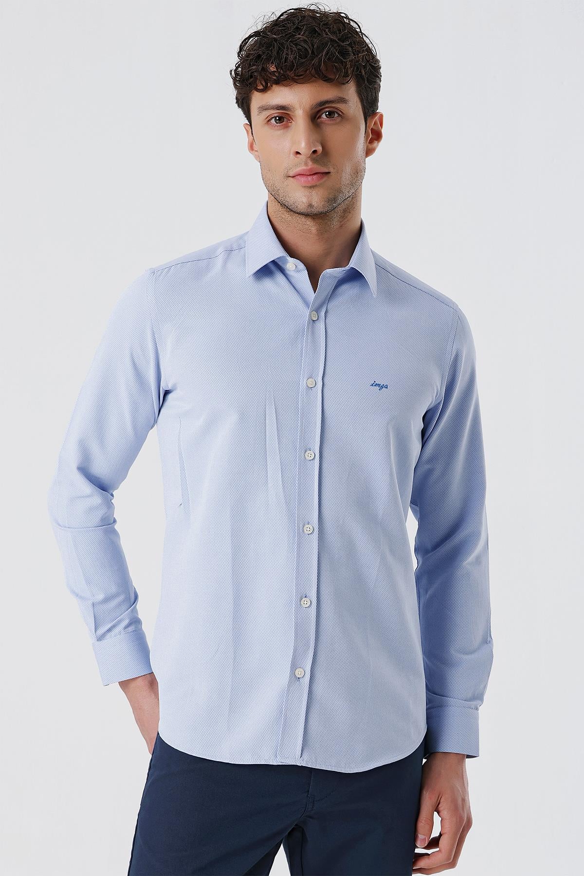 Mavi Uzun Kollu Armürlü Cepsiz Pamuklu Likralı Slim Fit Dar Kesim Gömlek 1004240193