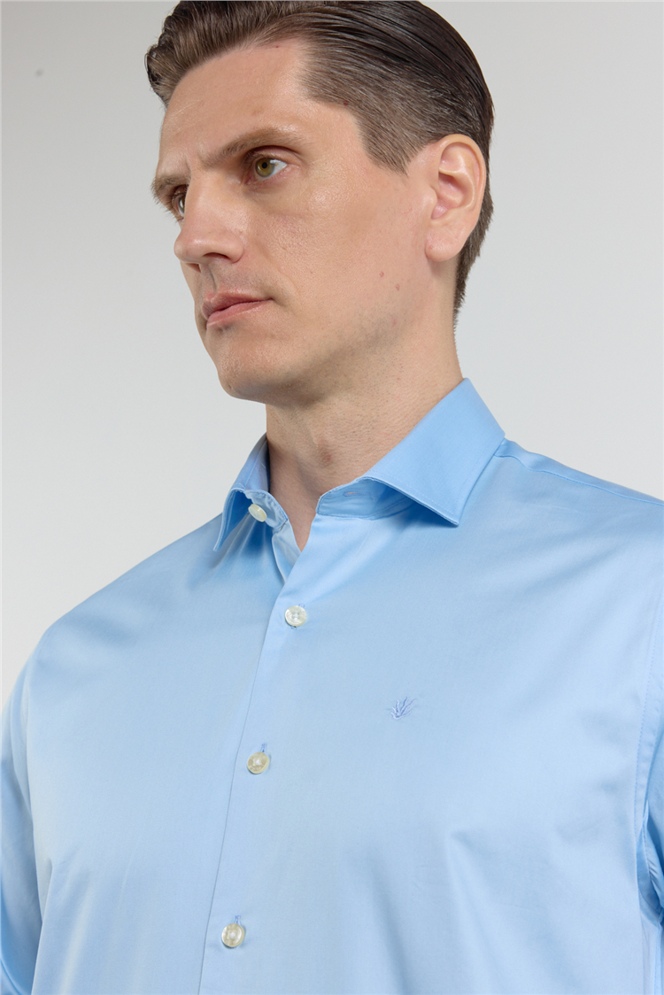 Mavi Yarım İtalyan Yaka Saten Uzun Kol Premium Slim Fit %100 Pamuk Gömlek 1004255195