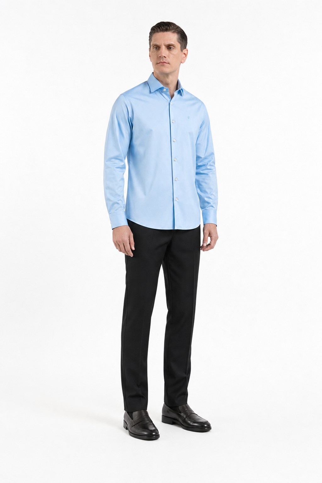Mavi Yarım İtalyan Yaka Saten Uzun Kol Premium Slim Fit %100 Pamuk Gömlek 1004255195