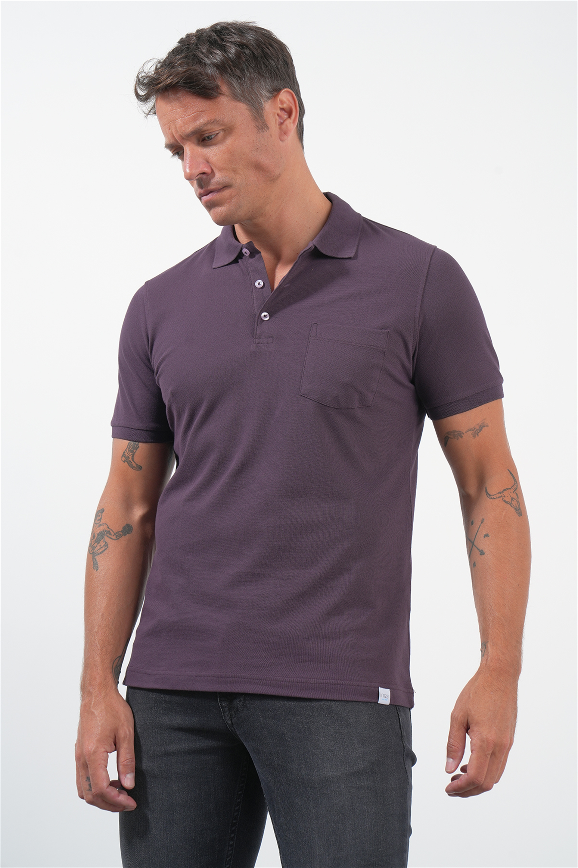 Mor Polo Yaka Kısa Kol Cepli Comfort Fit Pamuklu Tişört 1011260155