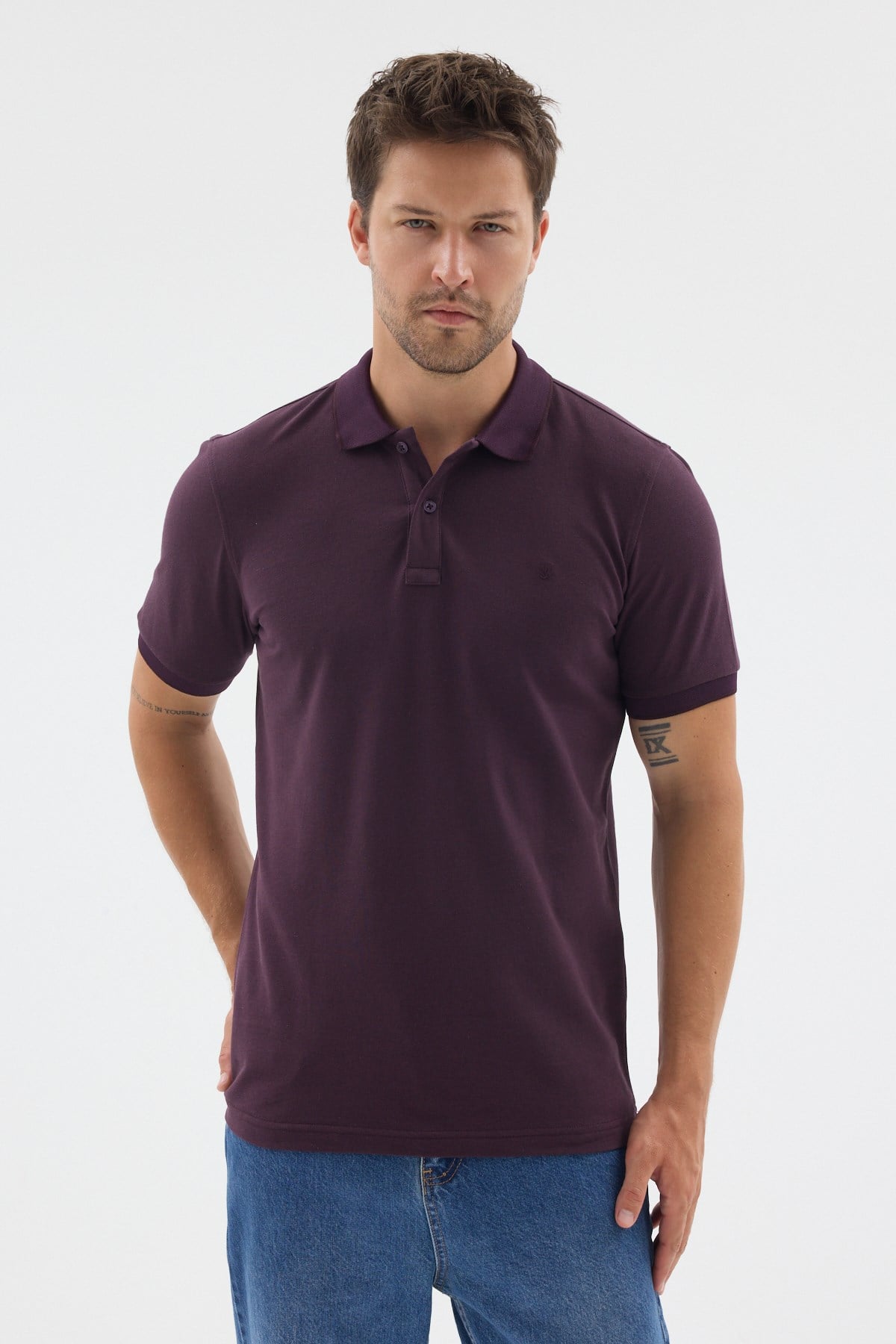 Mor Polo Yaka Pike Kısa Kol Slim Fit %100 Pamuk Tişört 1011260171