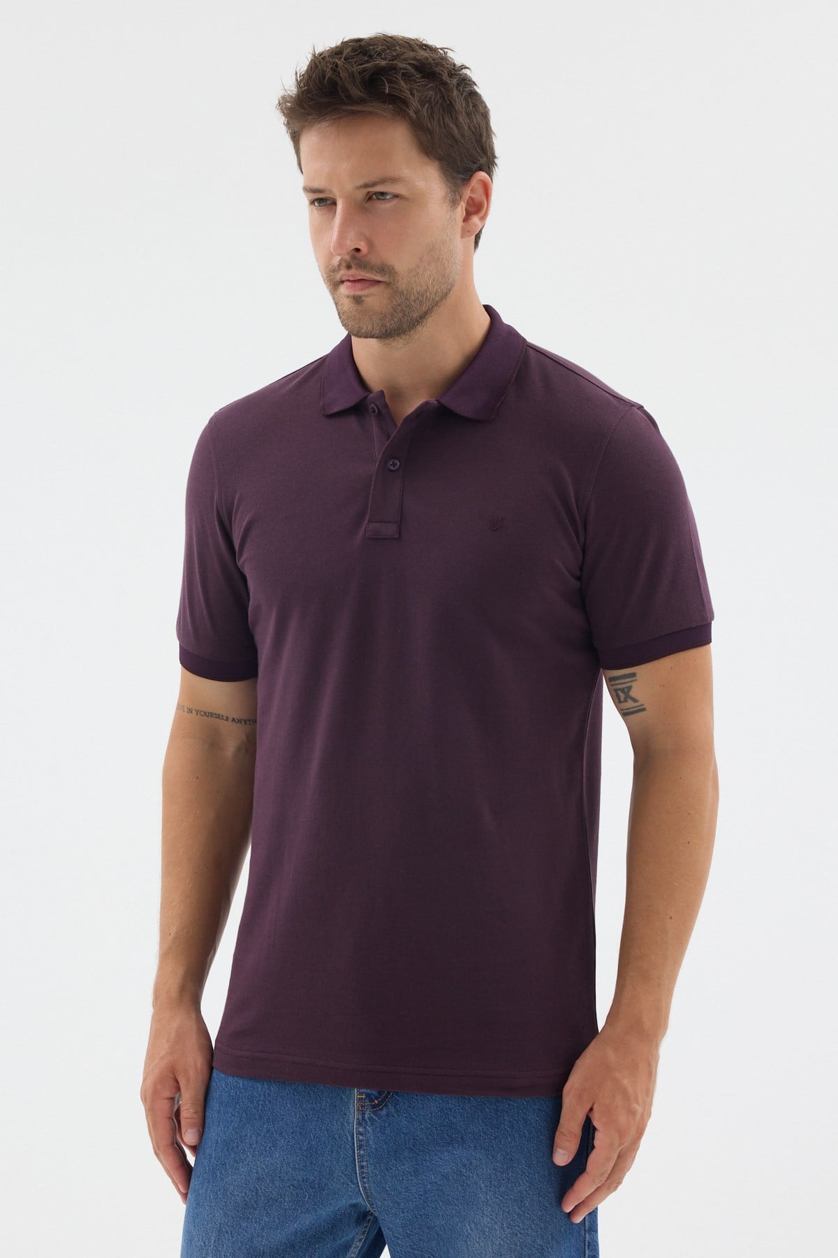 Mor Polo Yaka Pike Kısa Kol Slim Fit %100 Pamuk Tişört 1011260171