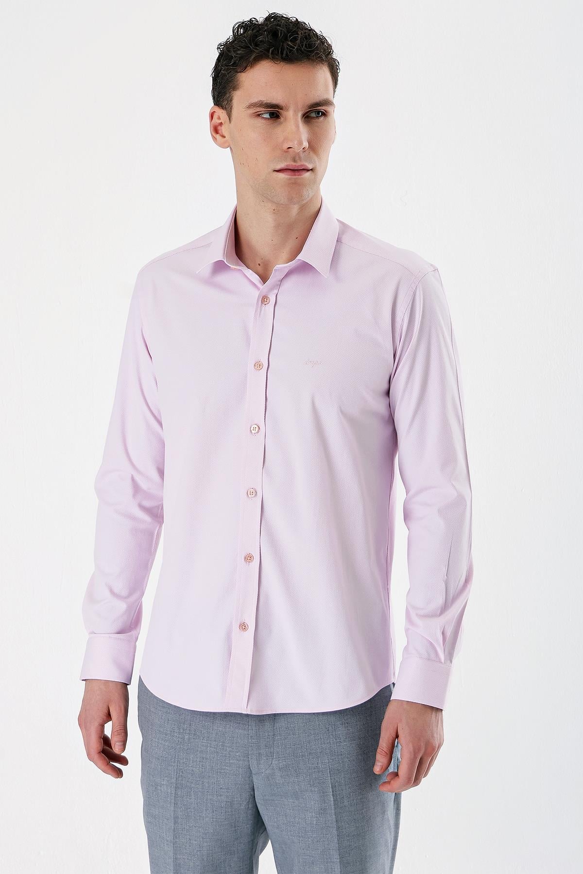 Uzun Kollu Armürlü Cepsiz Pamuklu Likralı Slim Fit Dar Kesim Gömlek 1004240193