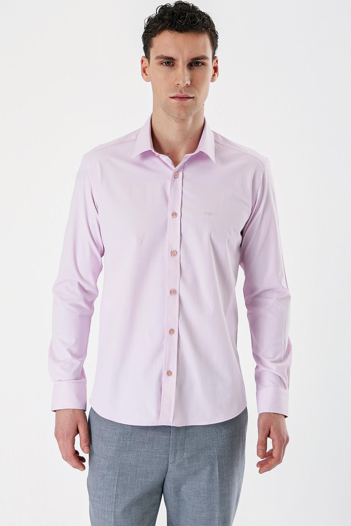 Uzun Kollu Armürlü Cepsiz Pamuklu Likralı Slim Fit Dar Kesim Gömlek 1004240193