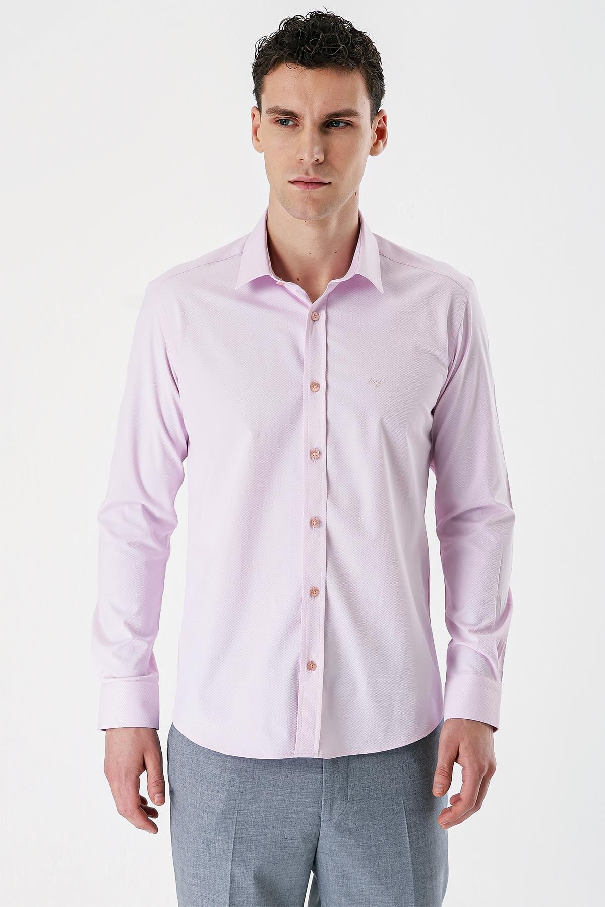 Uzun Kollu Armürlü Cepsiz Pamuklu Likralı Slim Fit Dar Kesim Gömlek 1004240193