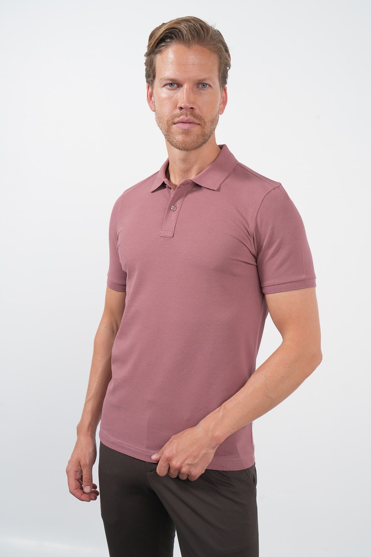Pembe Polo Yaka Pike Kısa Kol Slim Fit Pamuklu Tişört 1011260169