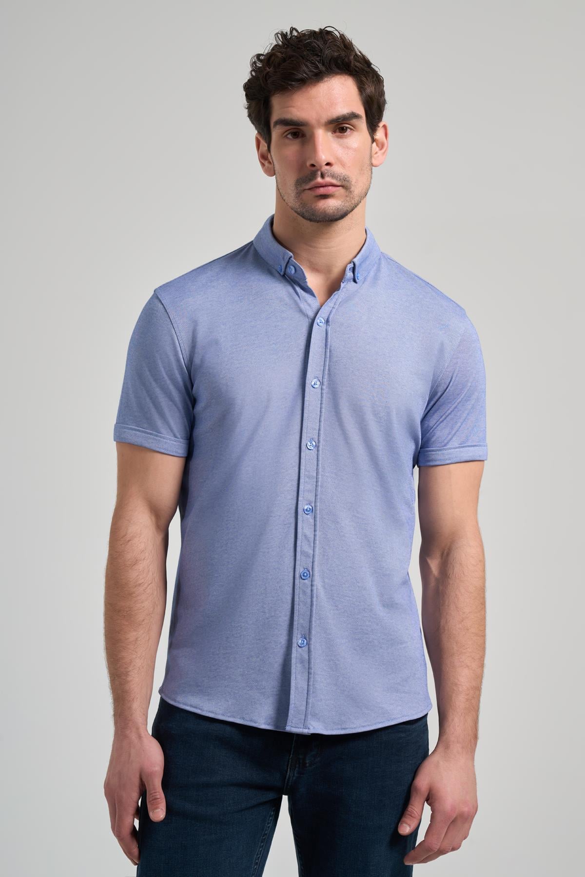 Saks Uzun Kol Düz Örme Düğmeli Yaka Cepsiz Pamuklu Classic Slim Fit Gömlek 1004250152