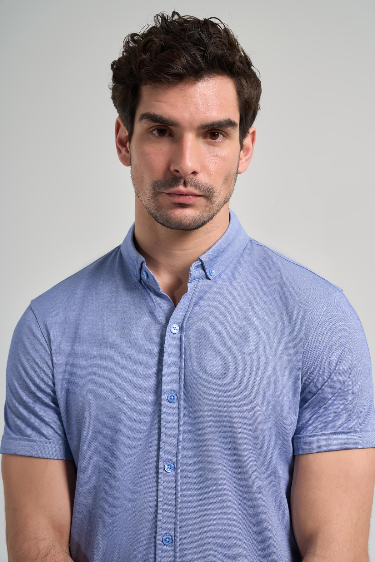 Saks Uzun Kol Düz Örme Düğmeli Yaka Cepsiz Pamuklu Classic Slim Fit Gömlek 1004250152