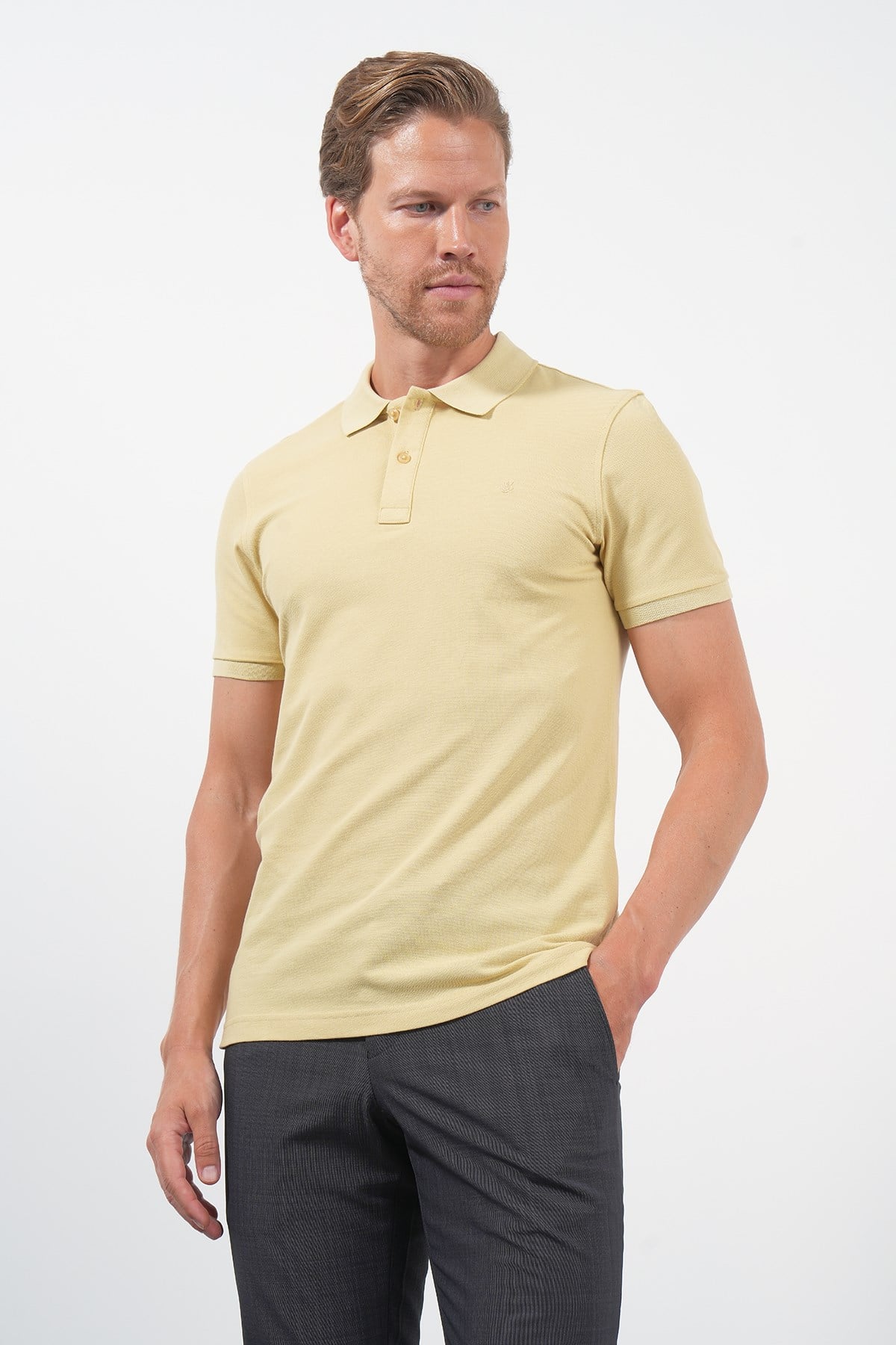 Sarı Polo Yaka Pike Kısa Kol Slim Fit Pamuklu Tişört 1011260169