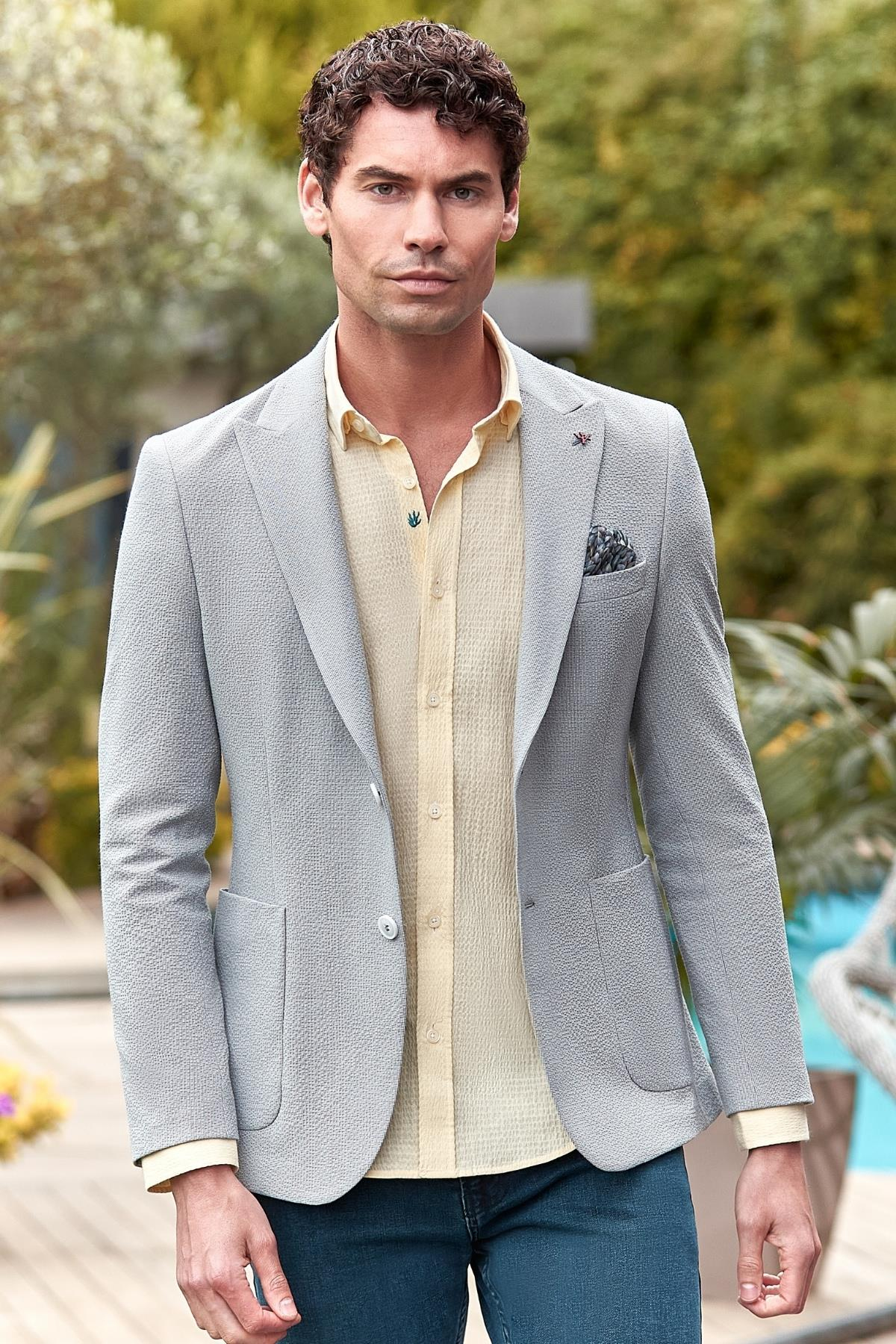Sarı Uzun Kollu Biritli Yaka Biyeli Pamuklu Likralı Casual Slim Fit Gömlek 1004240232