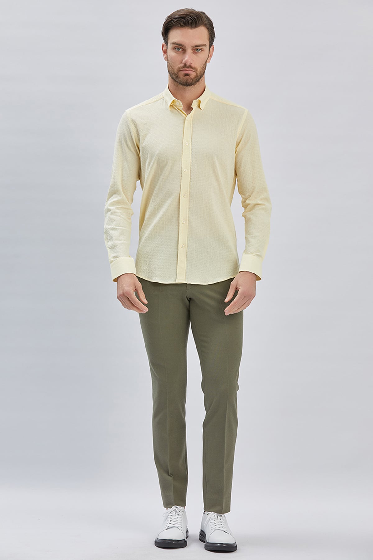 Sarı Uzun Kollu Biritli Yaka Biyeli Pamuklu Likralı Casual Slim Fit Gömlek 1004240232