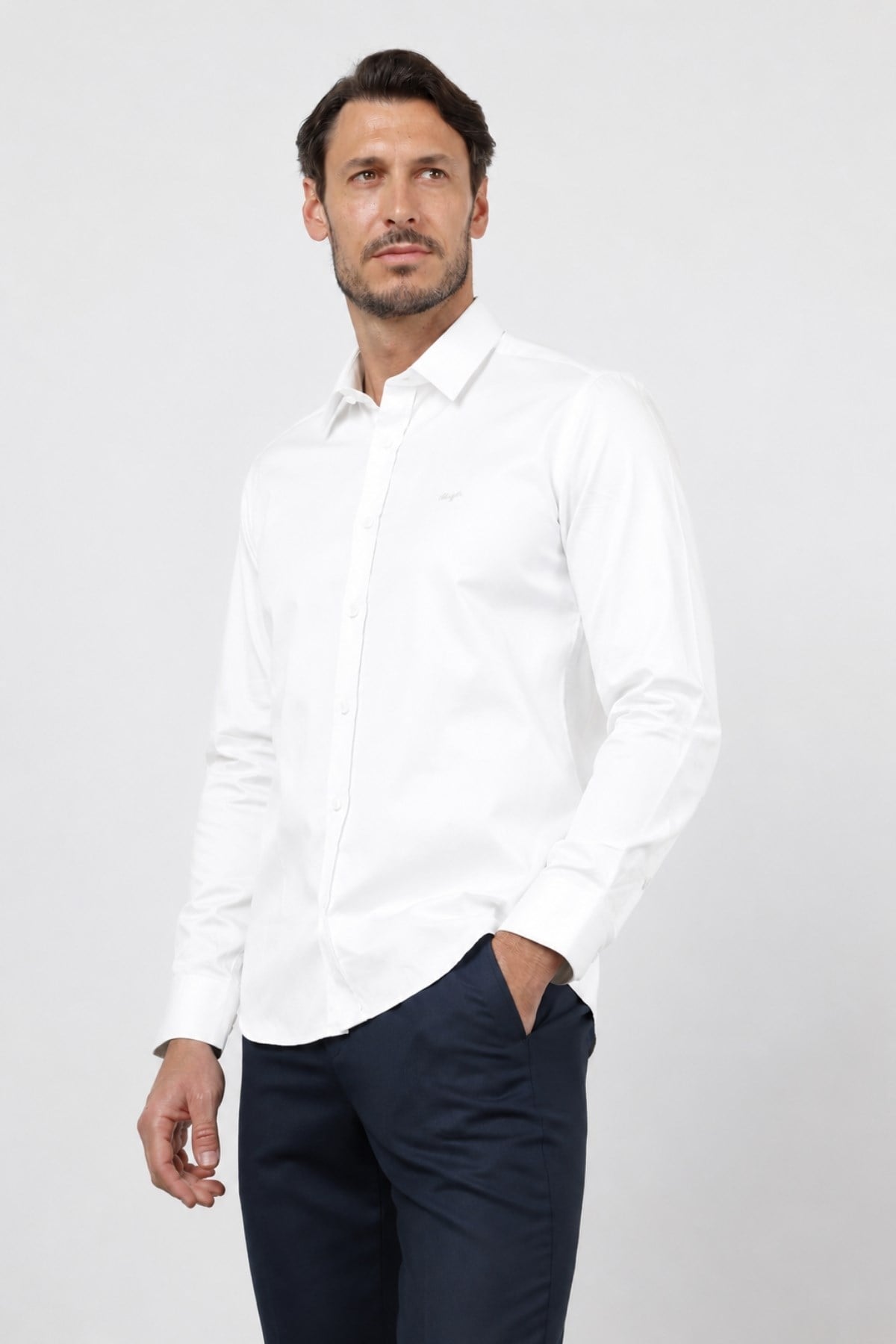Beyaz Sert Yaka Uzun Kol Cepsiz Saten Slim Fit %100 Pamuk Gömlek 1004260424