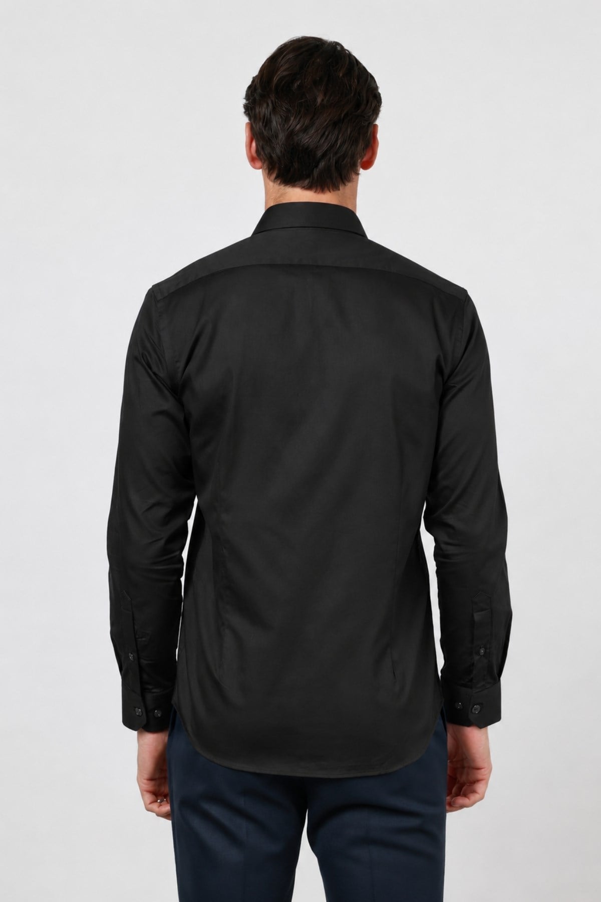 Siyah Sert Yaka Uzun Kol Cepsiz Saten Slim Fit %100 Pamuk Gömlek 1004260424