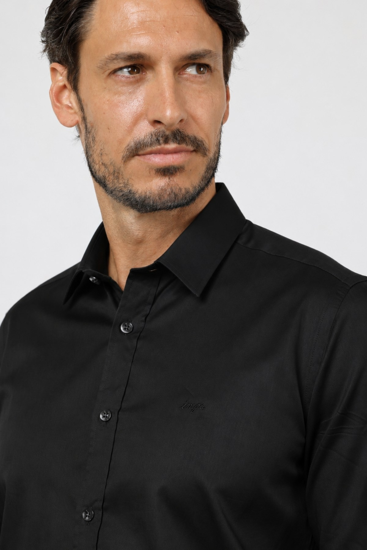Siyah Sert Yaka Uzun Kol Cepsiz Saten Slim Fit %100 Pamuk Gömlek 1004260424