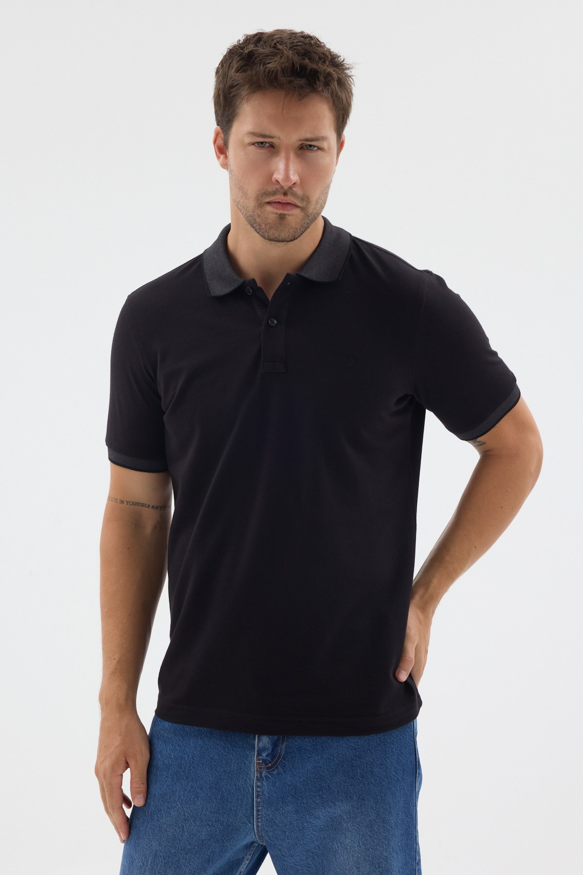 Siyah-Antrasit Polo Yaka Pike Kısa Kol Slim Fit %100 Pamuk Tişört 1011260171