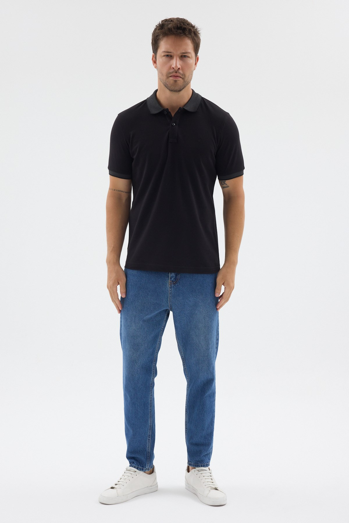 Siyah-Antrasit Polo Yaka Pike Kısa Kol Slim Fit %100 Pamuk Tişört 1011260171