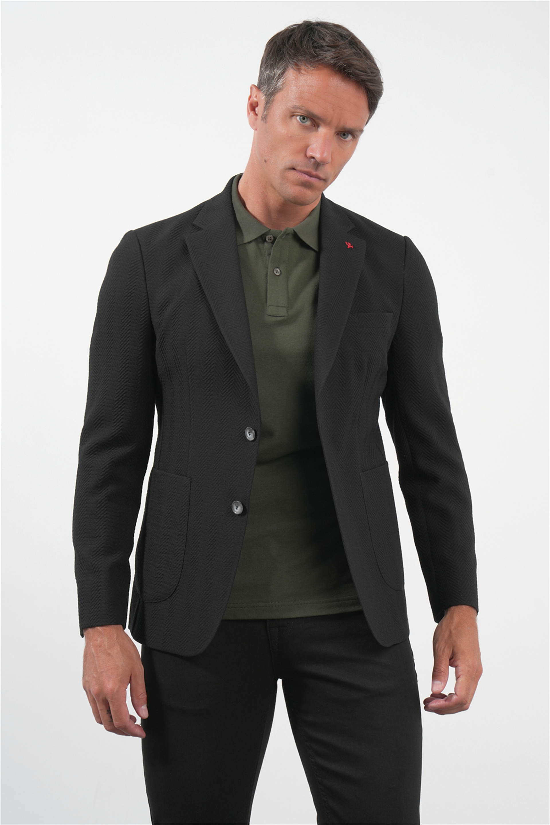 Siyah Siyah Mono Yaka Gofreli 6 Drop Slim Fit Esnek Ceket 1002260150