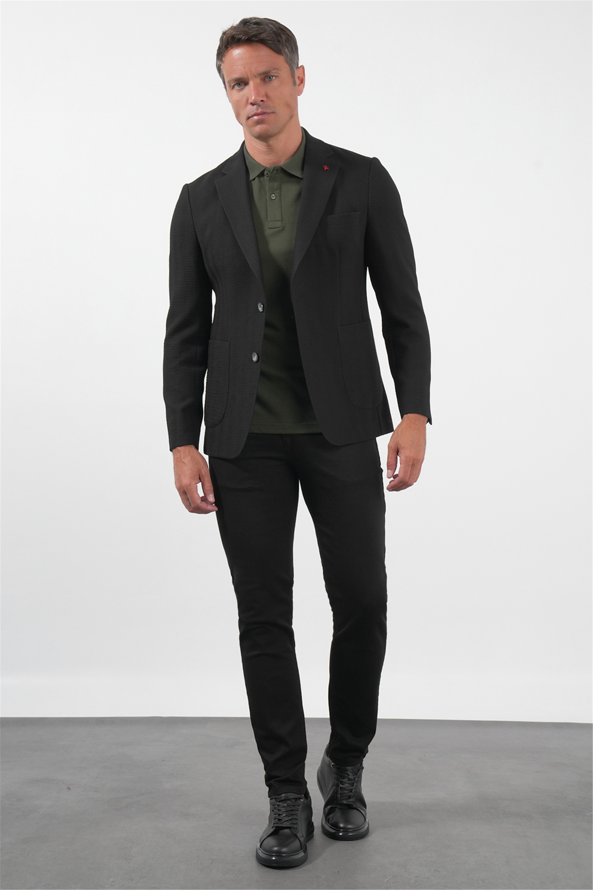 Siyah Siyah Mono Yaka Gofreli 6 Drop Slim Fit Esnek Ceket 1002260150