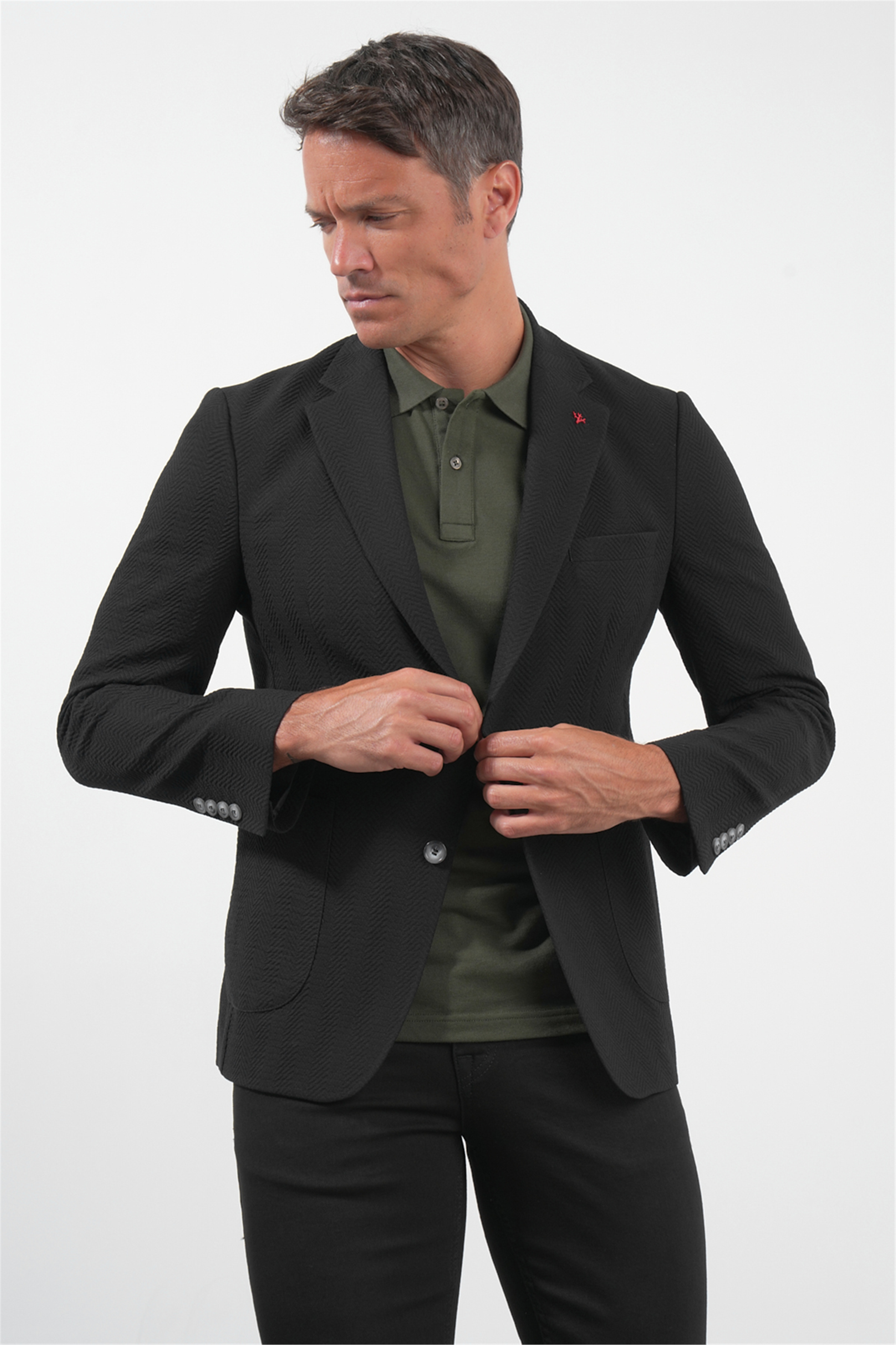 Siyah Siyah Mono Yaka Gofreli 6 Drop Slim Fit Esnek Ceket 1002260150
