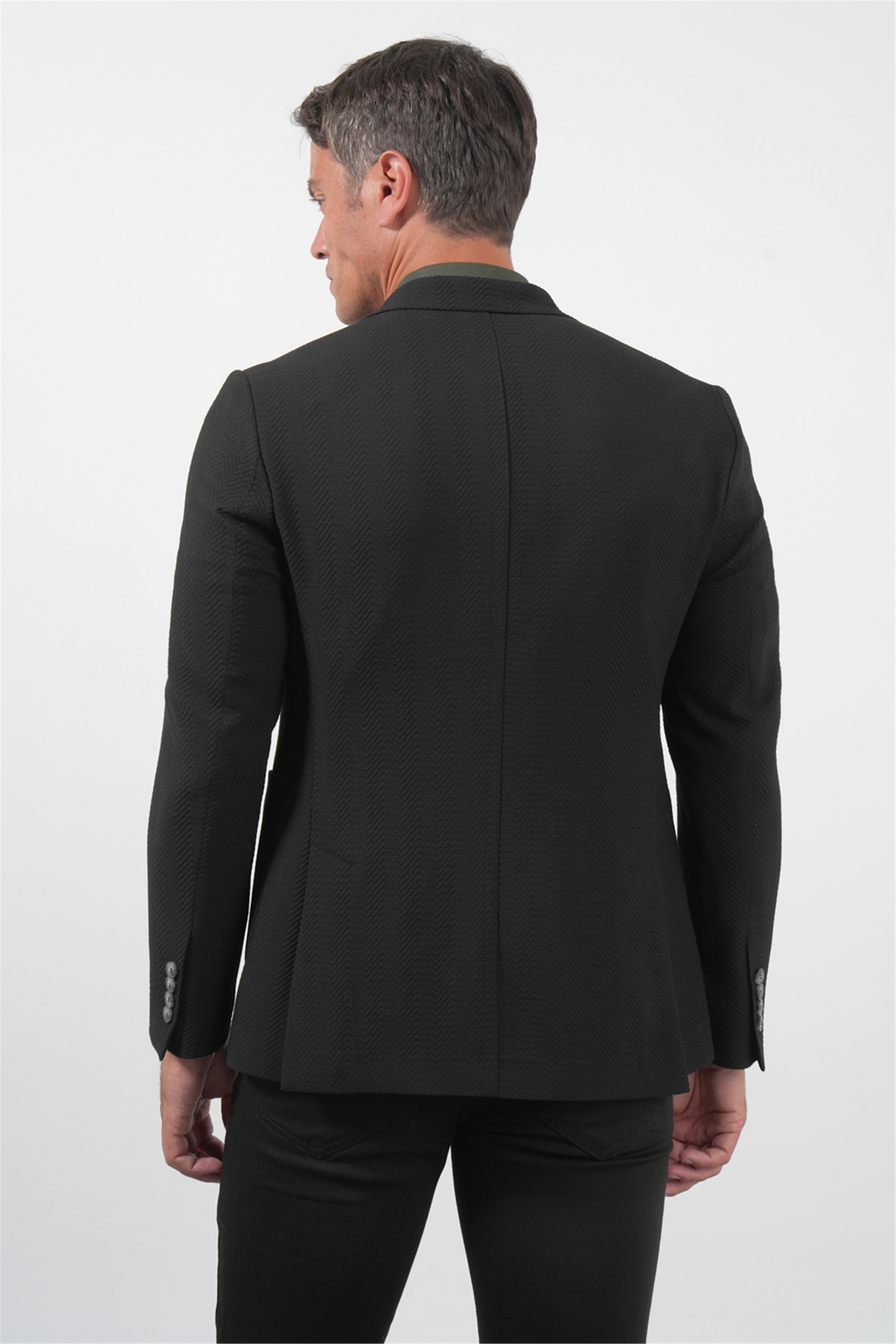 Siyah Siyah Mono Yaka Gofreli 6 Drop Slim Fit Esnek Ceket 1002260150