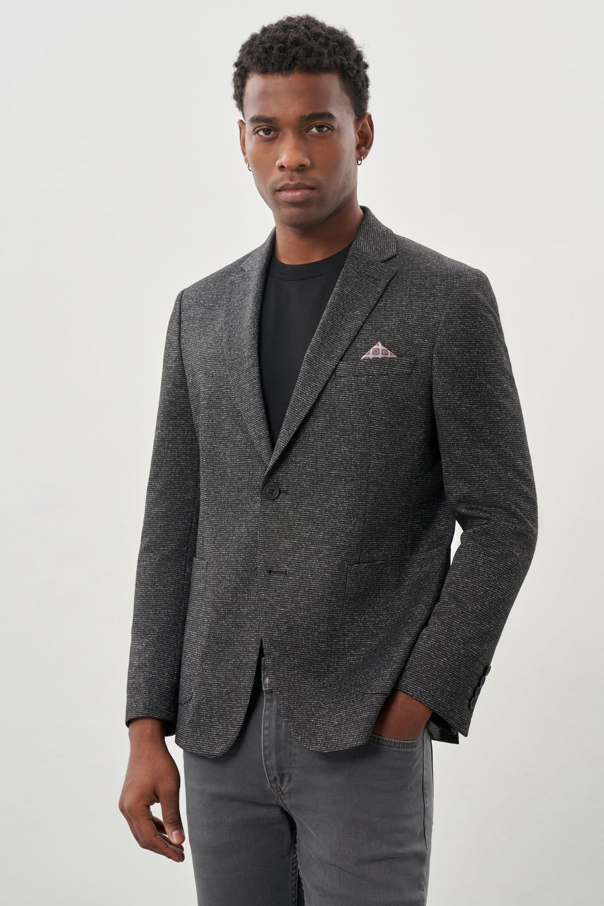 Desenli Örme Mono Yaka Astarsız Esnek 6 Drop Slim Fit Casual Ceket 1002245159