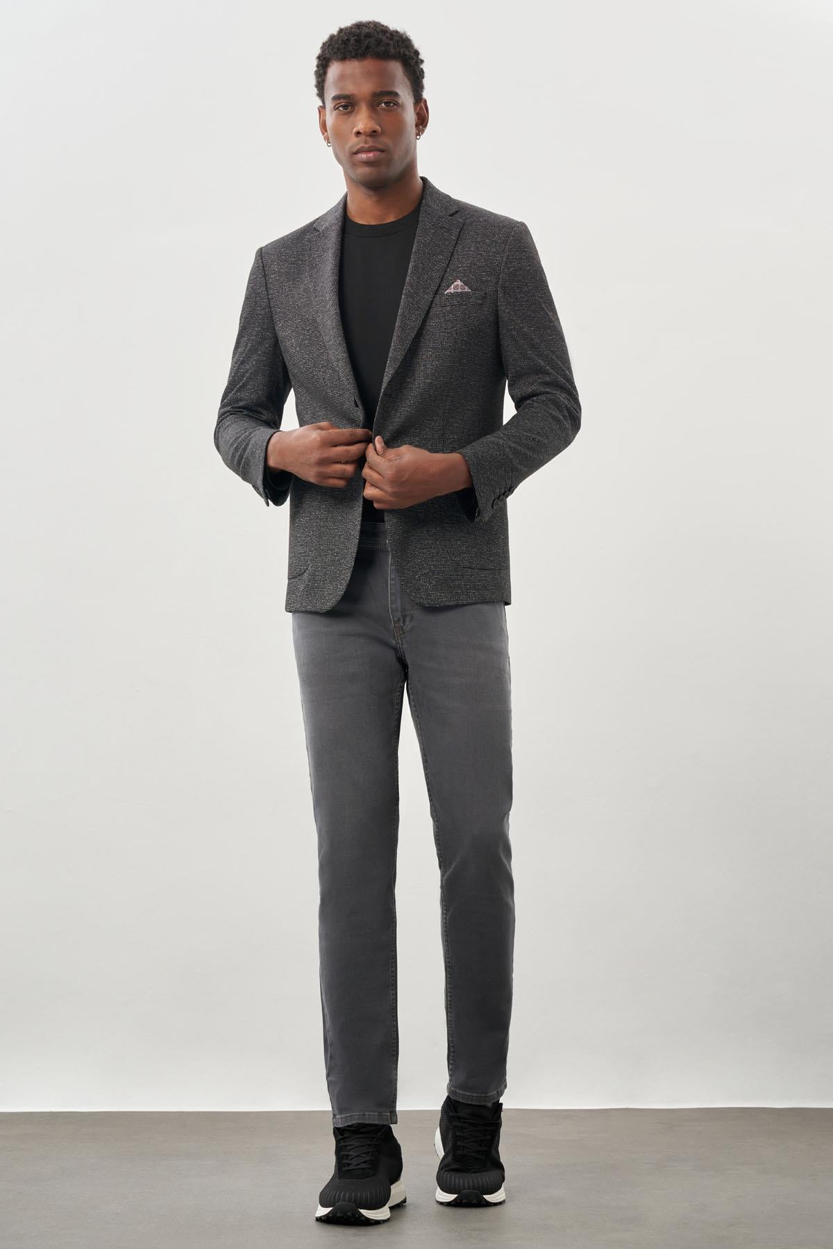 Desenli Örme Mono Yaka Astarsız Esnek 6 Drop Slim Fit Casual Ceket 1002245159