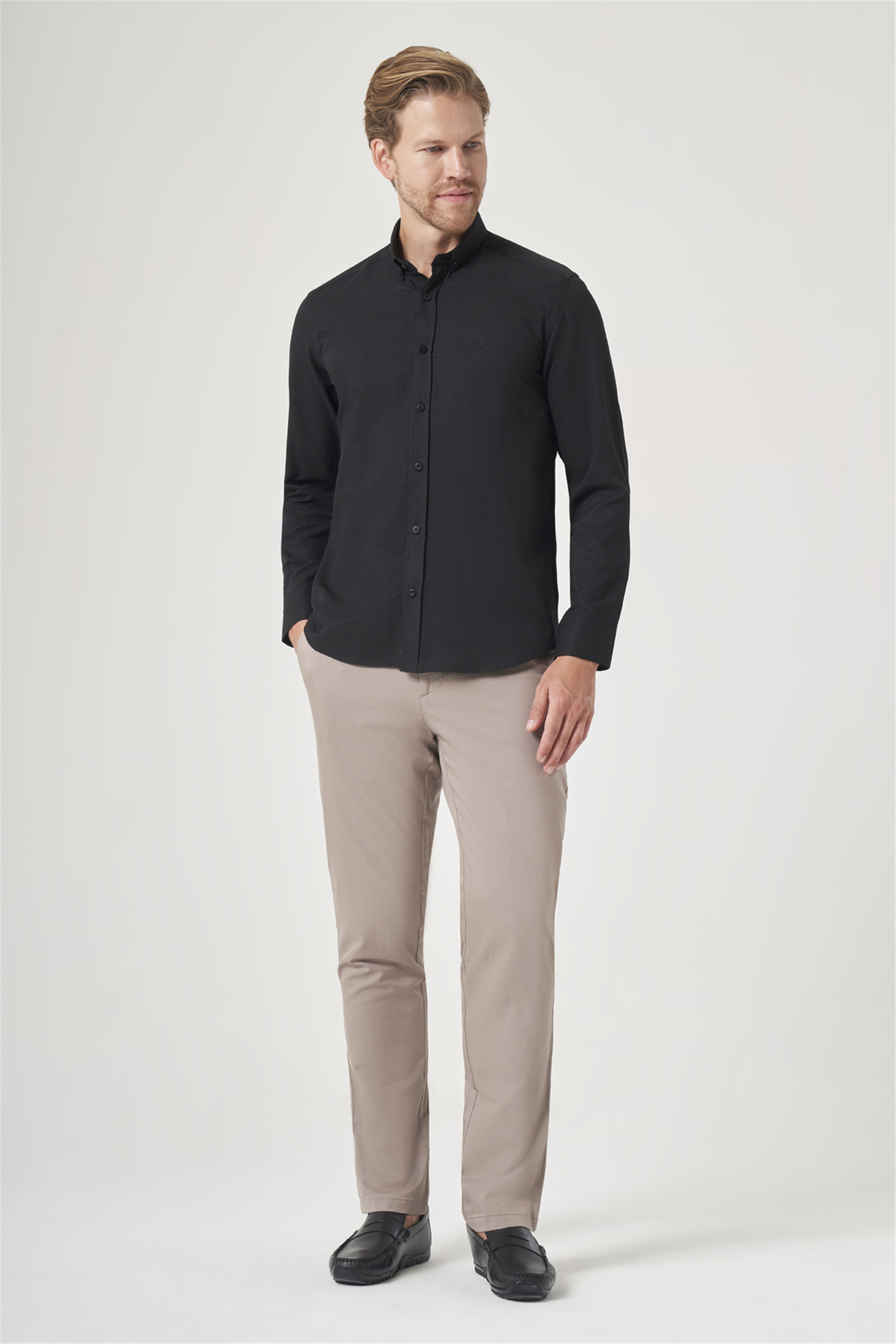 Siyah Düğmeli Yaka Oxford Slim Fit Pamuklu Gömlek 1004265284