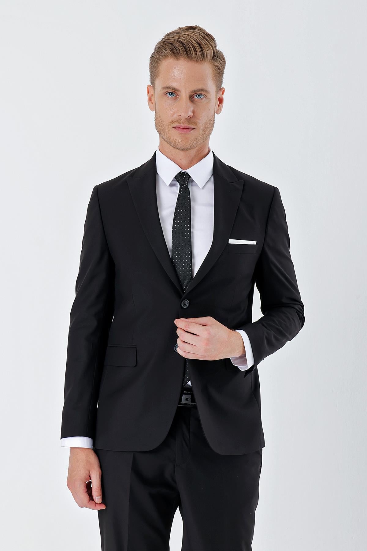 Siyah Kırlangıç Yaka 6 Drop Slim Fit Tam Astar Esnek Takım Elbise 1001240011