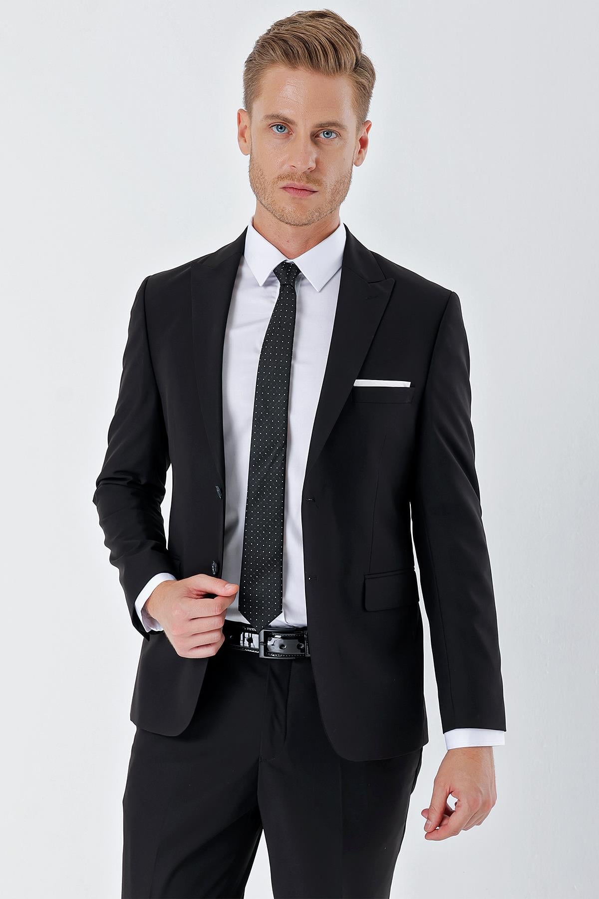 Siyah Kırlangıç Yaka 6 Drop Slim Fit Tam Astar Esnek Takım Elbise 1001240011