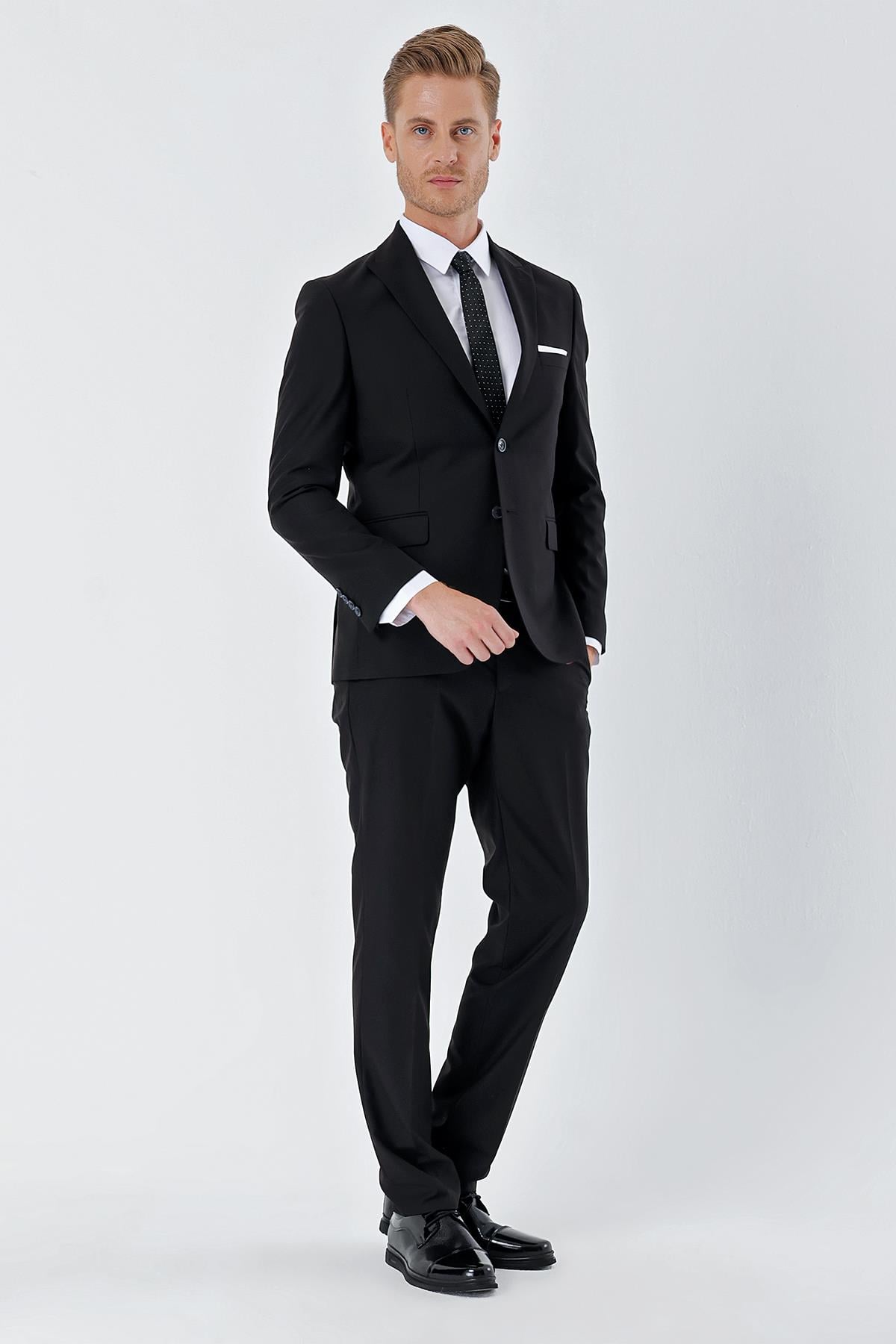 Siyah Kırlangıç Yaka 6 Drop Slim Fit Tam Astar Esnek Takım Elbise 1001240011
