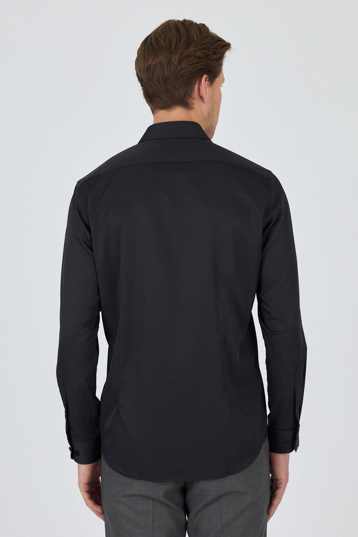 Siyah Sert Yaka Cepsiz Gabardin Uzun Kol Slim Fit Esnek Gömlek 1004250234