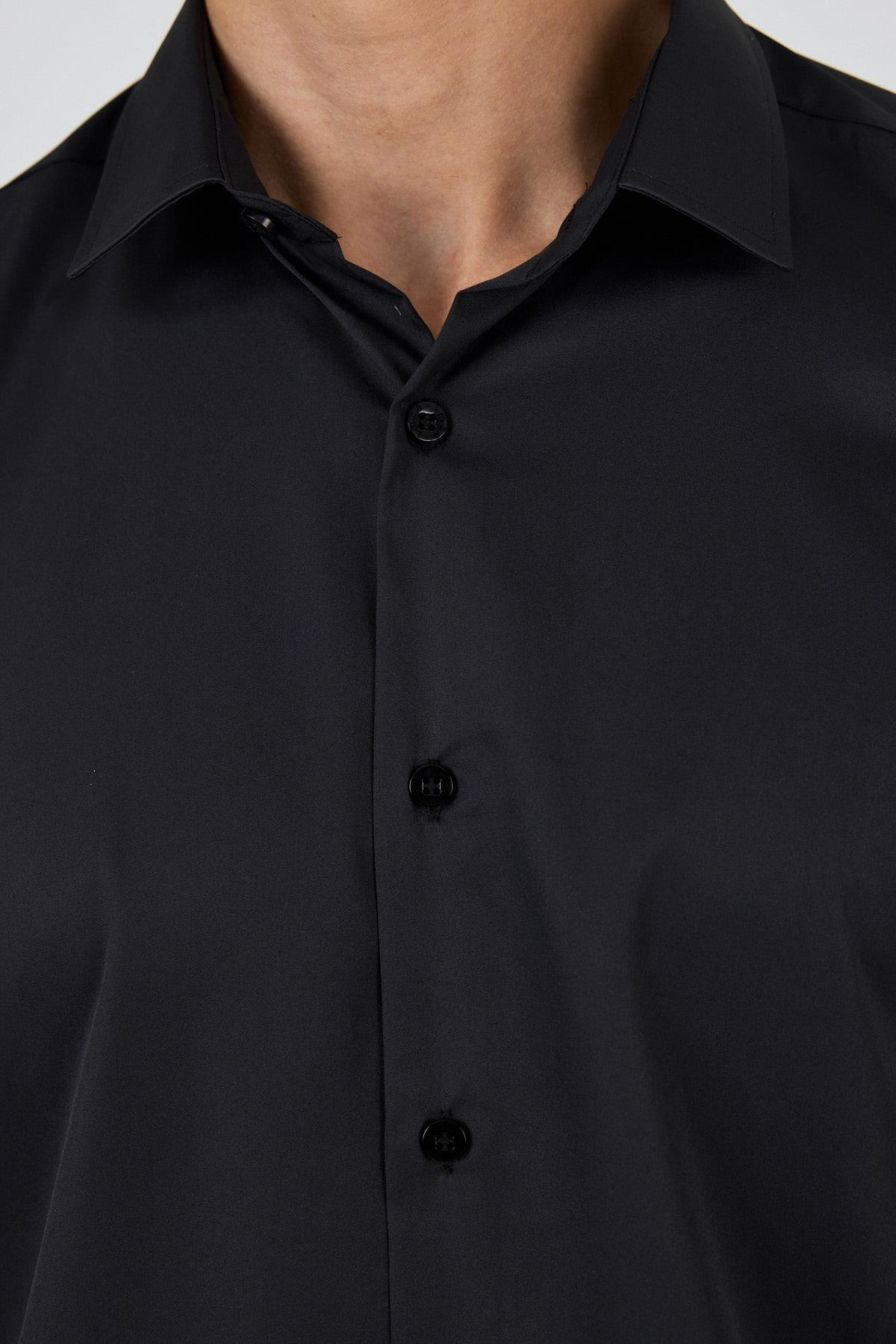 Siyah Sert Yaka Cepsiz Gabardin Uzun Kol Slim Fit Esnek Gömlek 1004250234