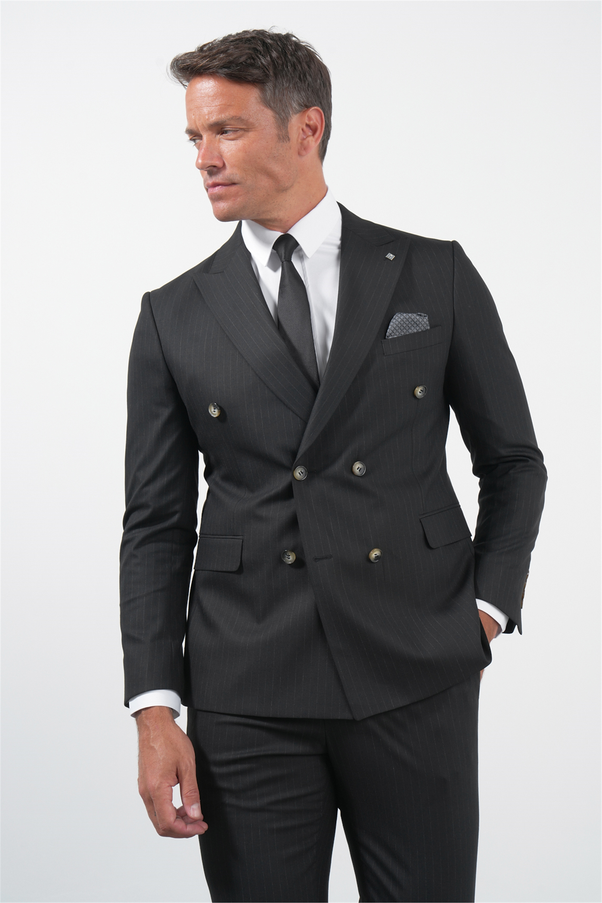 Siyah-Gri Kırlangıç Yaka Kruvaze 6 Drop Slim Fit Tam Astar Esnek Takım Elbise 1001260173