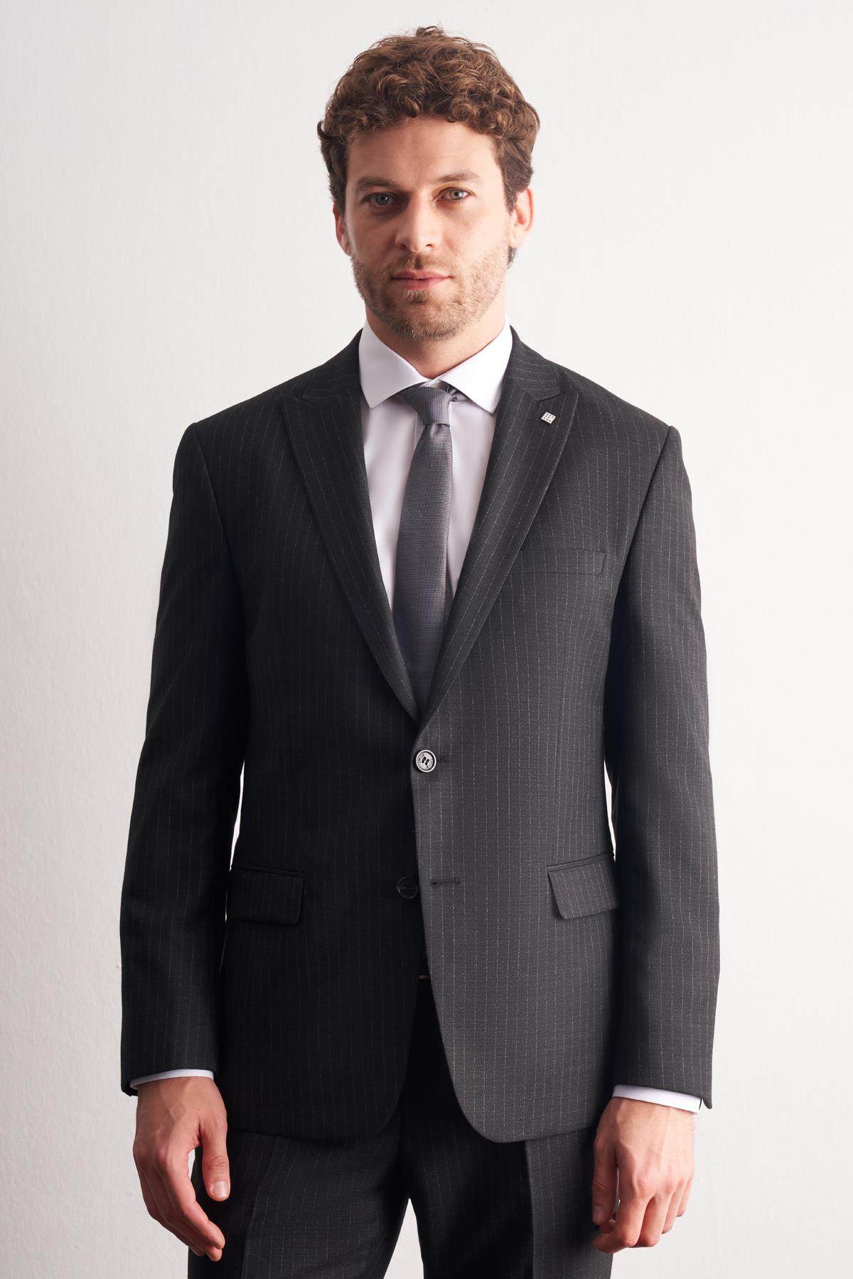 Siyah-Gri Kırlangıç Yaka Çizgili 6 Drop Slim Fit Tam Astar Esnek Takım Elbise 1001255161