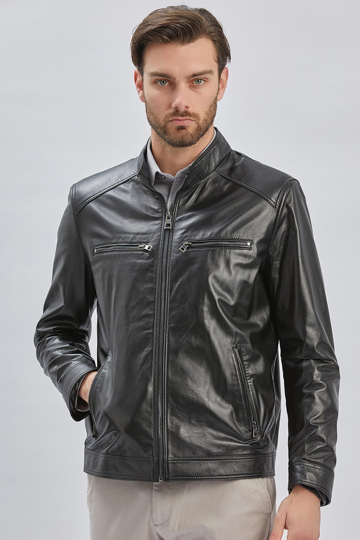 Siyah Hakiki Deri Dik Yaka Astarlı Slim Fit Dar Kesim Casual Deri Mont 1038235155