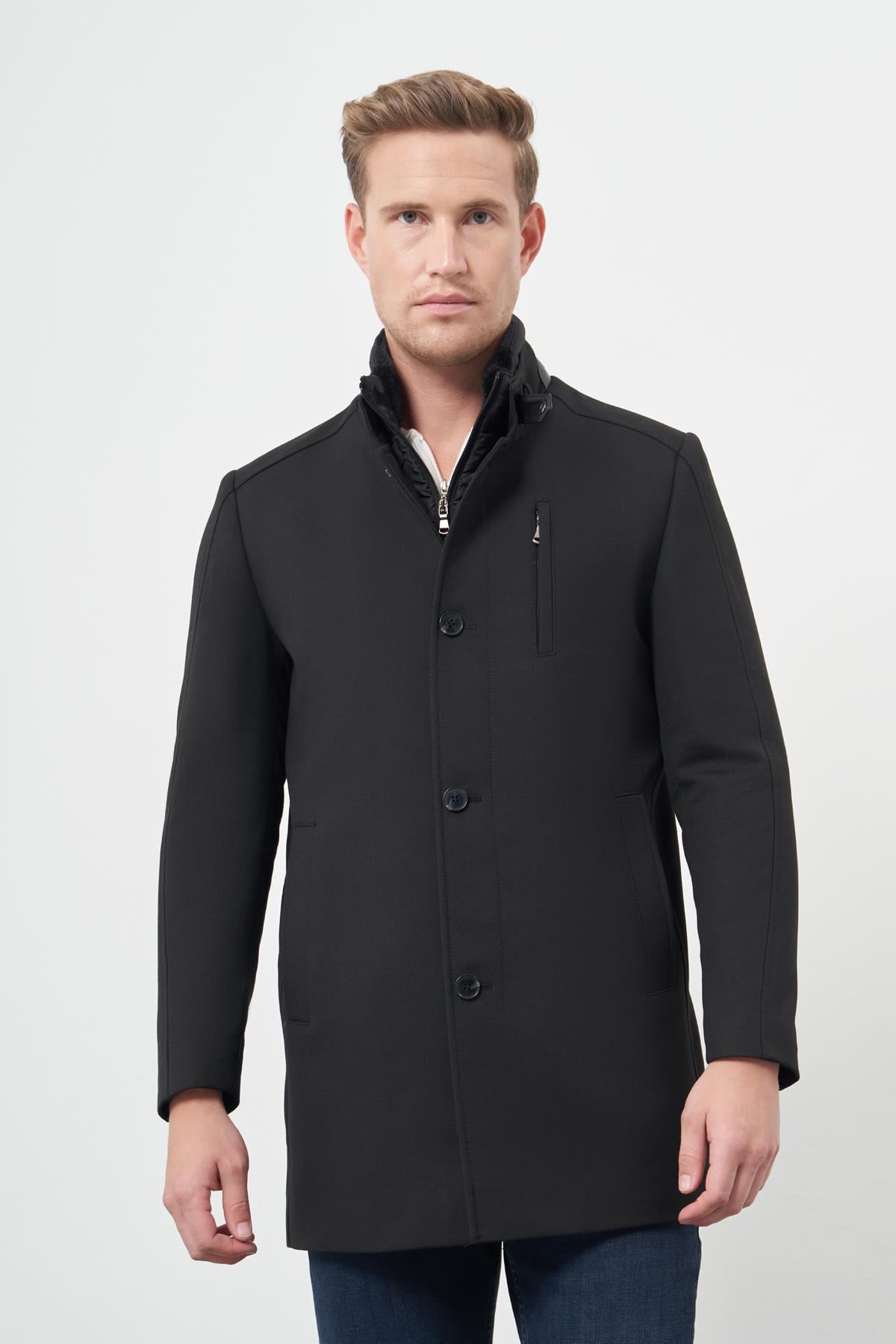 Kaşe Kürklü Yaka Düz Tek Yırtmaç Tam Kapitone Astar Slim Fit Classic Palto 1005245102